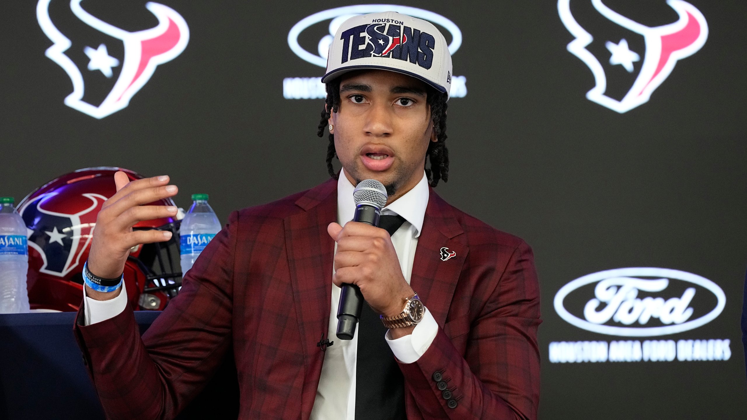 Houston Texans quarterback C.J. Stroud answers questions during an introductory news conference, Friday, April 28, 2023, in Houston. Stroud was selected in the first round by the Texans in the NFL football draft Thursday. (AP Photo/Kevin M. Cox)