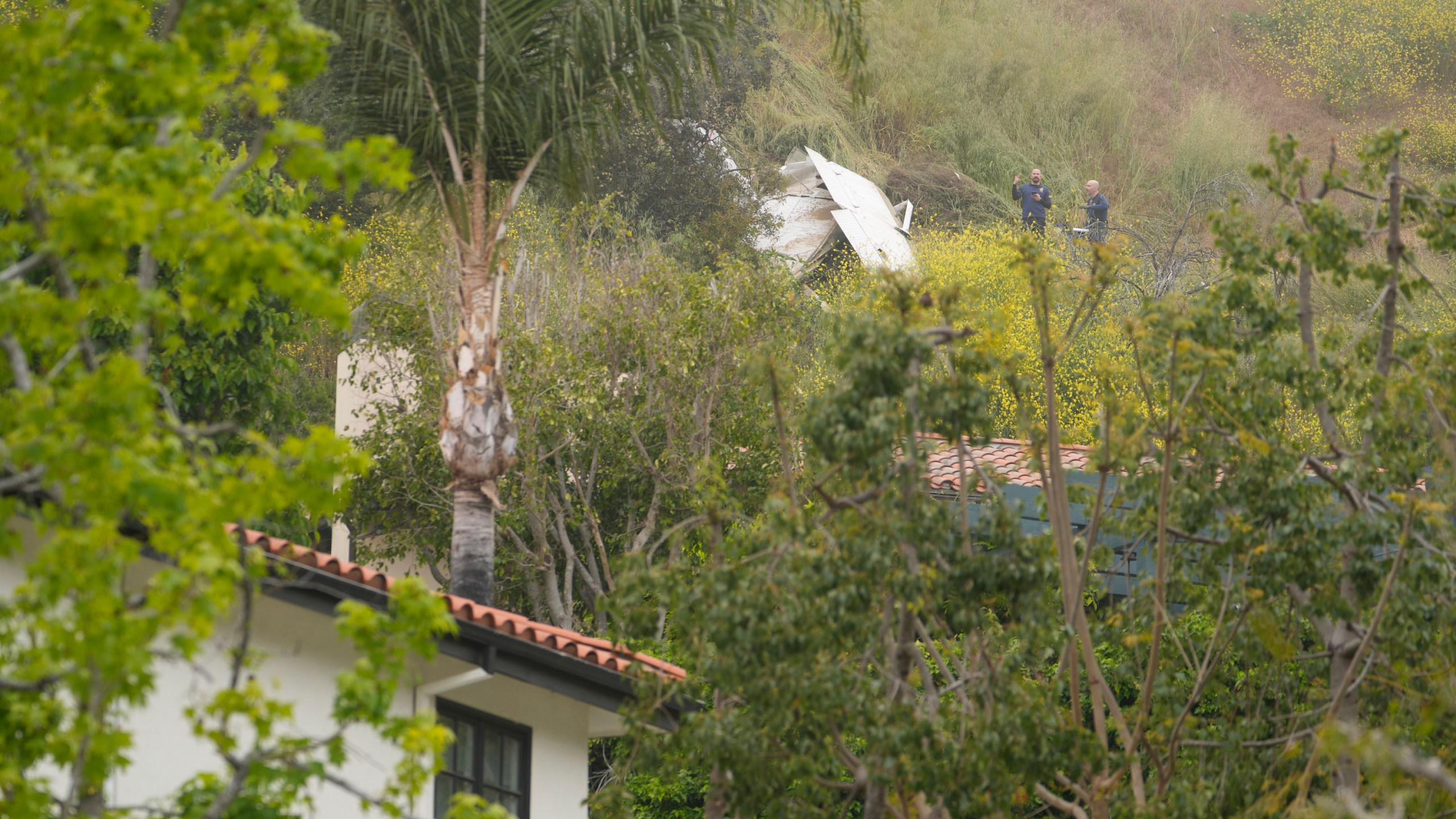 National Transportation Safety Board investigators inspect a downed plane on a steep hill above a home on Beverly Glen Circle in Los Angeles, Sunday, April 30, 2023. Fire department officials said a person was found dead following an intensive search for the single-engine airplane that crashed in a foggy area Saturday night. (AP Photo/Damian Dovarganes)