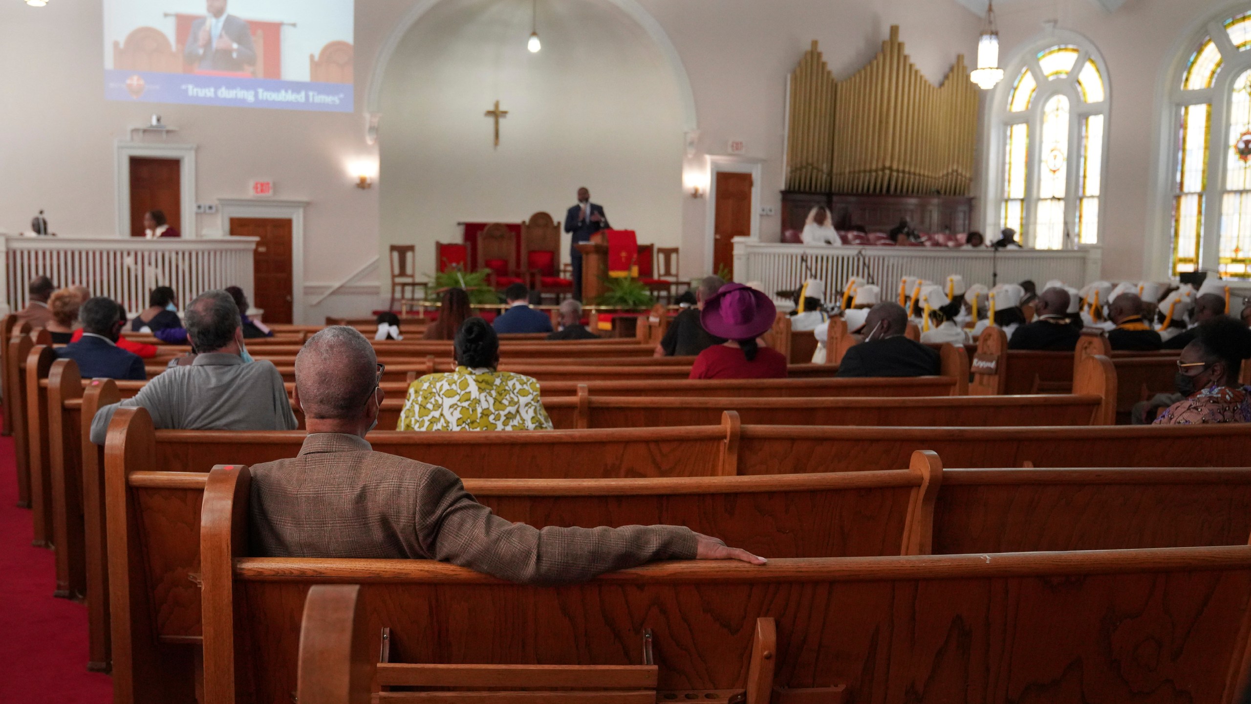 Congregants sit in largely empty pews during service at Zion Baptist Church in Columbia, S.C., on Sunday, April 16, 2023. Zion's shrinking attendance is in line with a recent Pew Research Center survey, which found that the number of Black Protestants who say they attend services monthly has fallen from 61% in 2019 to 46%. They are also the only group in which more than half attend services virtually. (AP Photo/Jessie Wardarski)