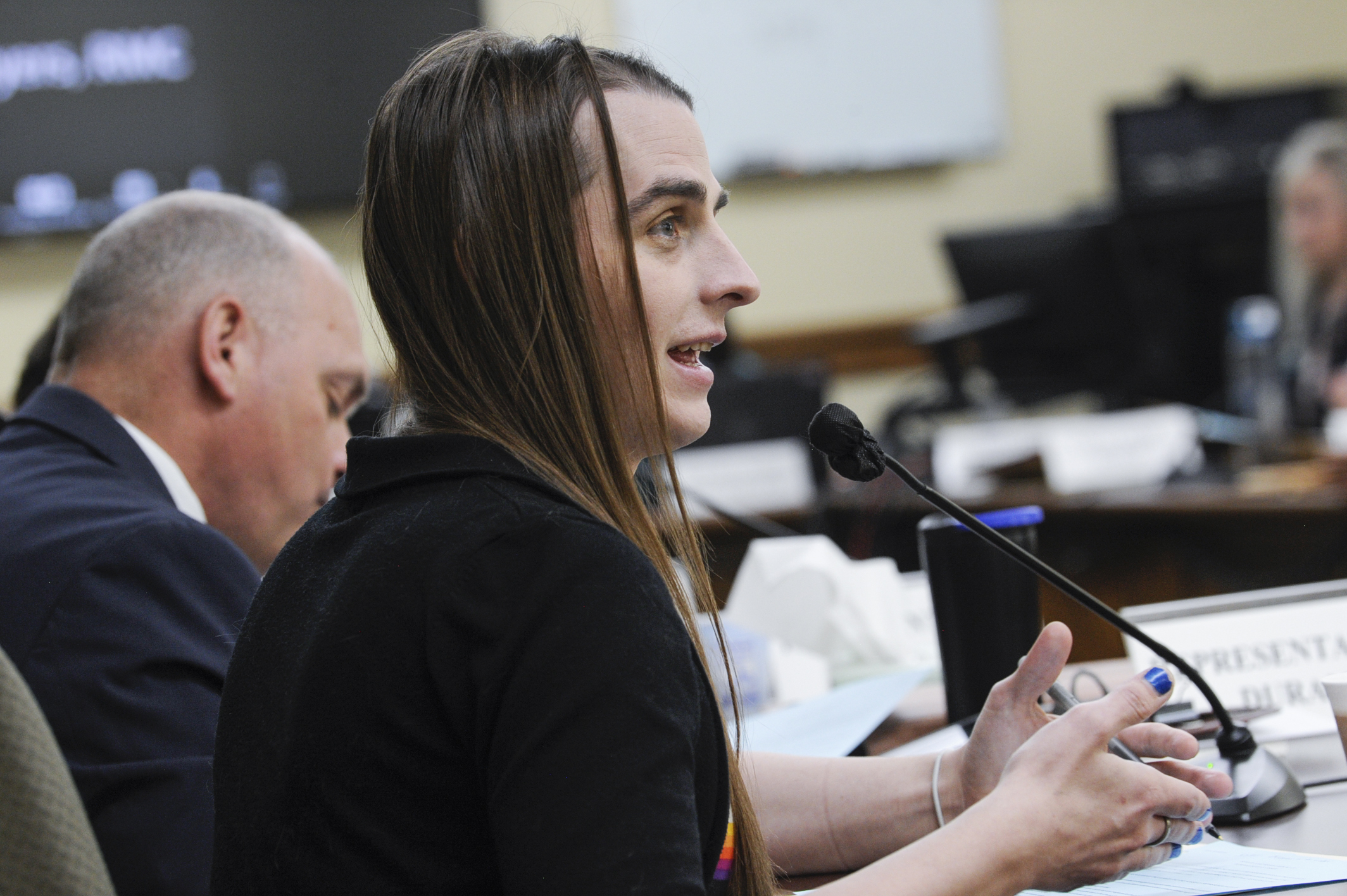 Rep. Zooey Zephyr, D-Missoula, speaks during a meeting of the House Judiciary Committee in the Montana State Capitol in Helena, Mont. on Monday, May 1, 2023. Rep. Zephyr asked a court Monday to allow for her return to the House floor after she was silenced and barred for chiding her Republican colleagues over legislation to restrict gender-affirming health care and for encouraging protesters. (Thom Bridge/Independent Record via AP)