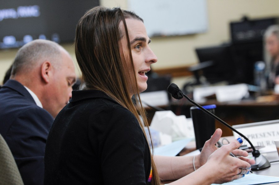 Rep. Zooey Zephyr, D-Missoula, speaks during a meeting of the House Judiciary Committee in the Montana State Capitol in Helena, Mont. on Monday, May 1, 2023. Rep. Zephyr asked a court Monday to allow for her return to the House floor after she was silenced and barred for chiding her Republican colleagues over legislation to restrict gender-affirming health care and for encouraging protesters. (Thom Bridge/Independent Record via AP)