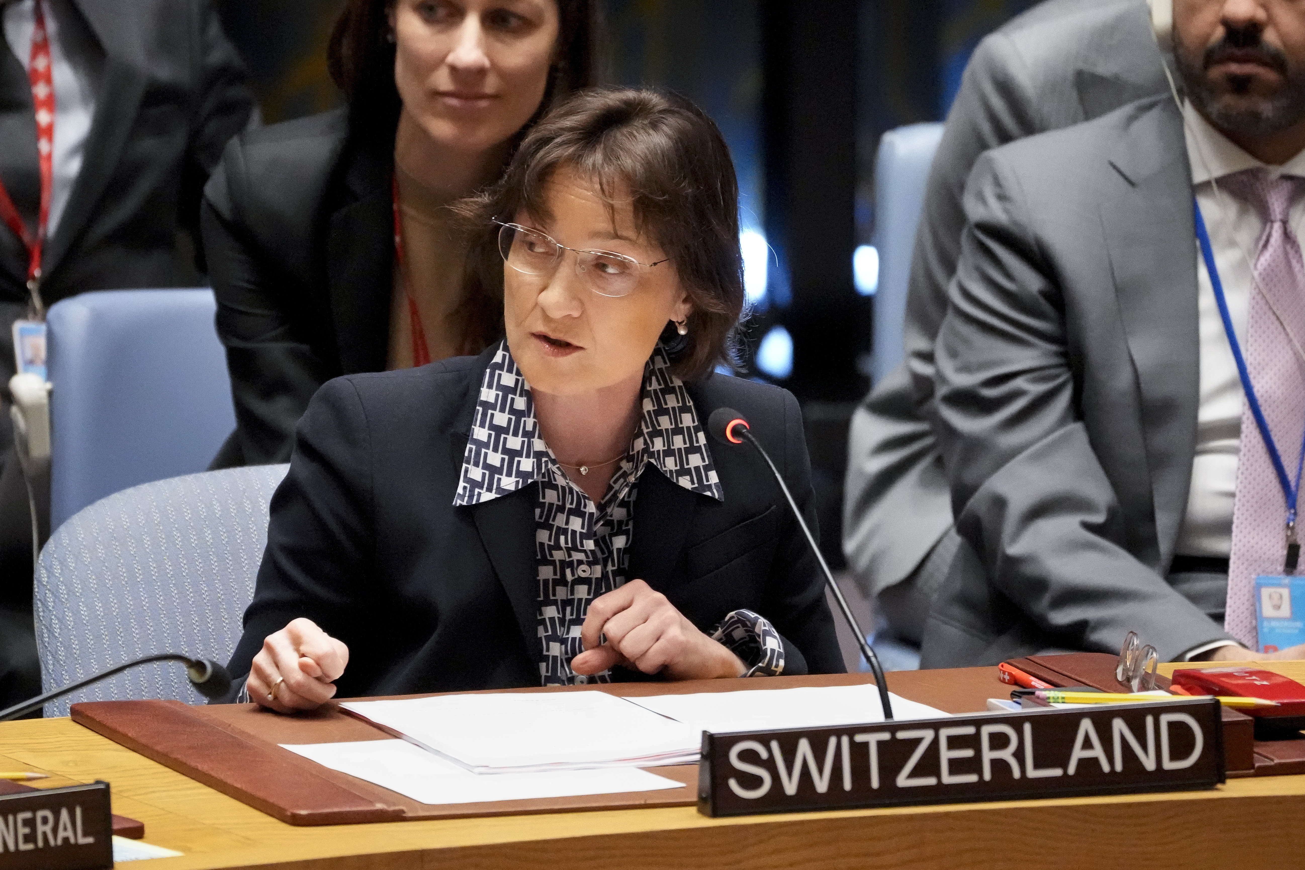 Pascale Christine Baeriswyl, ambassador of Switzerland to the United Nations, speaks during a meeting of the U.N. Security Council, Monday, April 24, 2023, at United Nations headquarters. (AP Photo/John Minchillo)