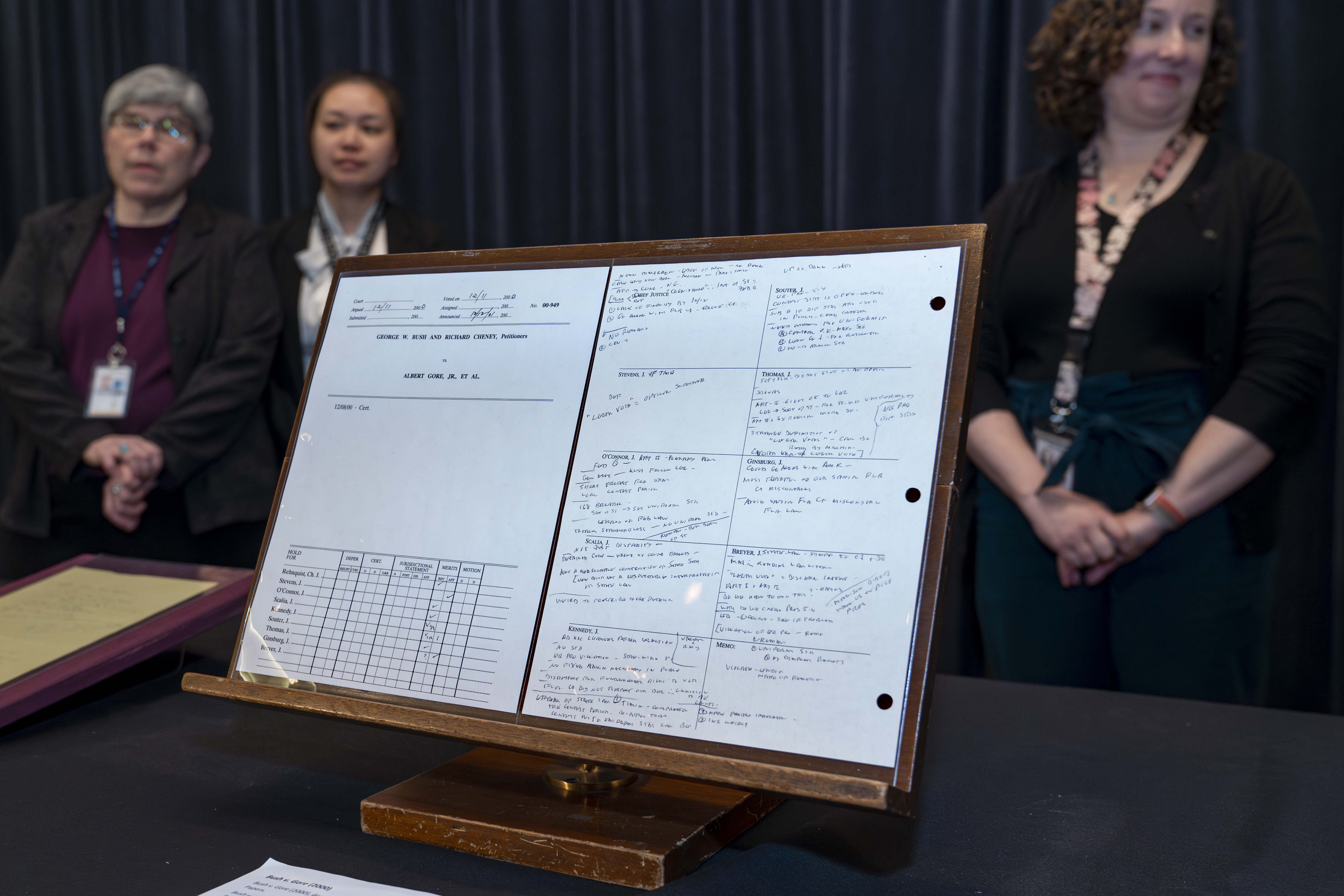 Papers of the late Supreme Court Justice John Paul Stevens are displayed, including his notes during Bush v. Gore, that will be made available to researchers at the Library of Congress, in Washington, Monday, May 1, 2023. (AP Photo/J. Scott Applewhite)