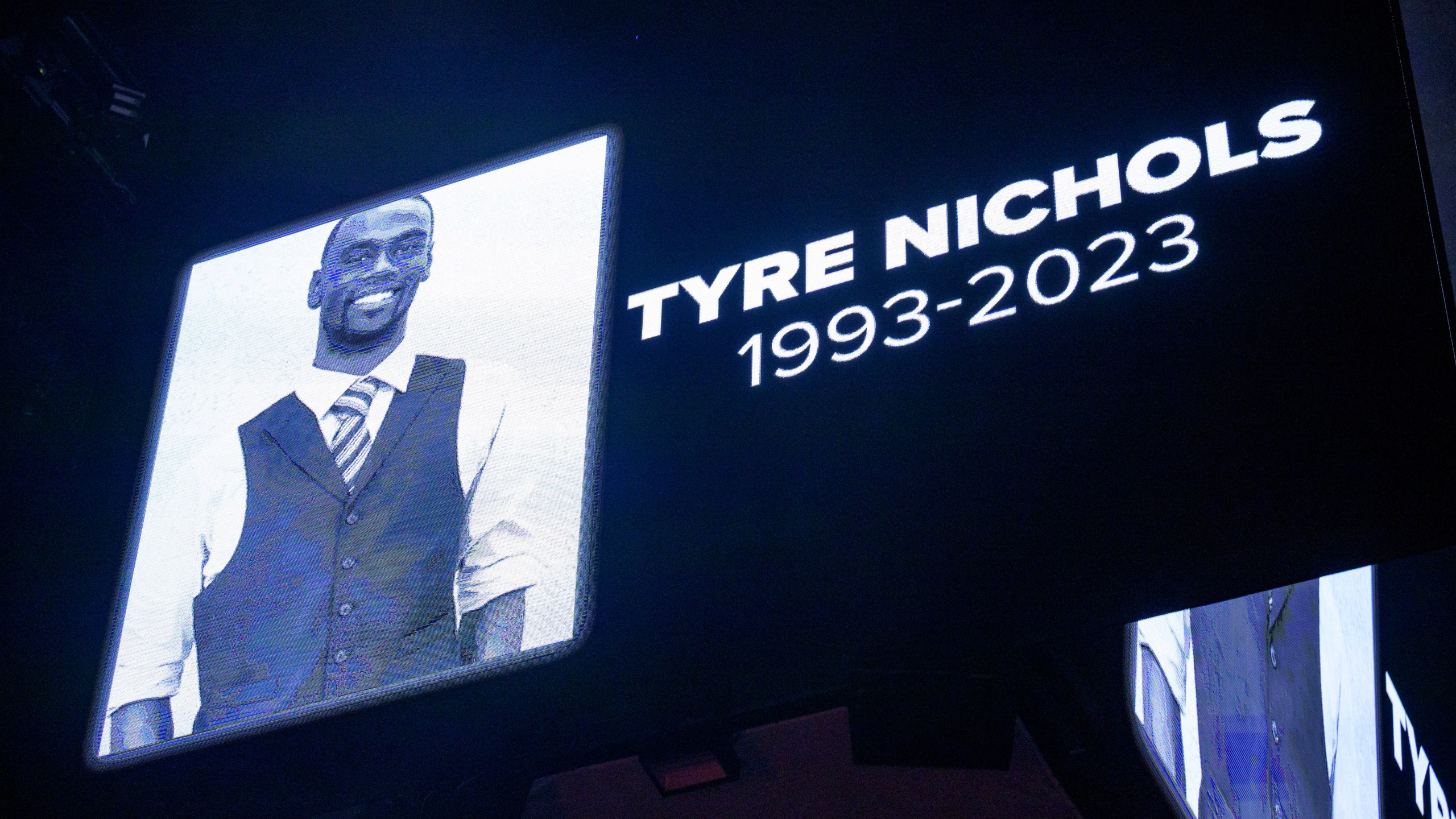 FILE - The screen at the Smoothie King Center in New Orleans honors Tyre Nichols before an NBA basketball game between the New Orleans Pelicans and the Washington Wizards, Jan. 28, 2023. The family of Tyre Nichols has sued the city of Memphis, Wednesday, April 19, and individual officers and emergency medical personnel involved in his case. (AP Photo/Matthew Hinton, File)