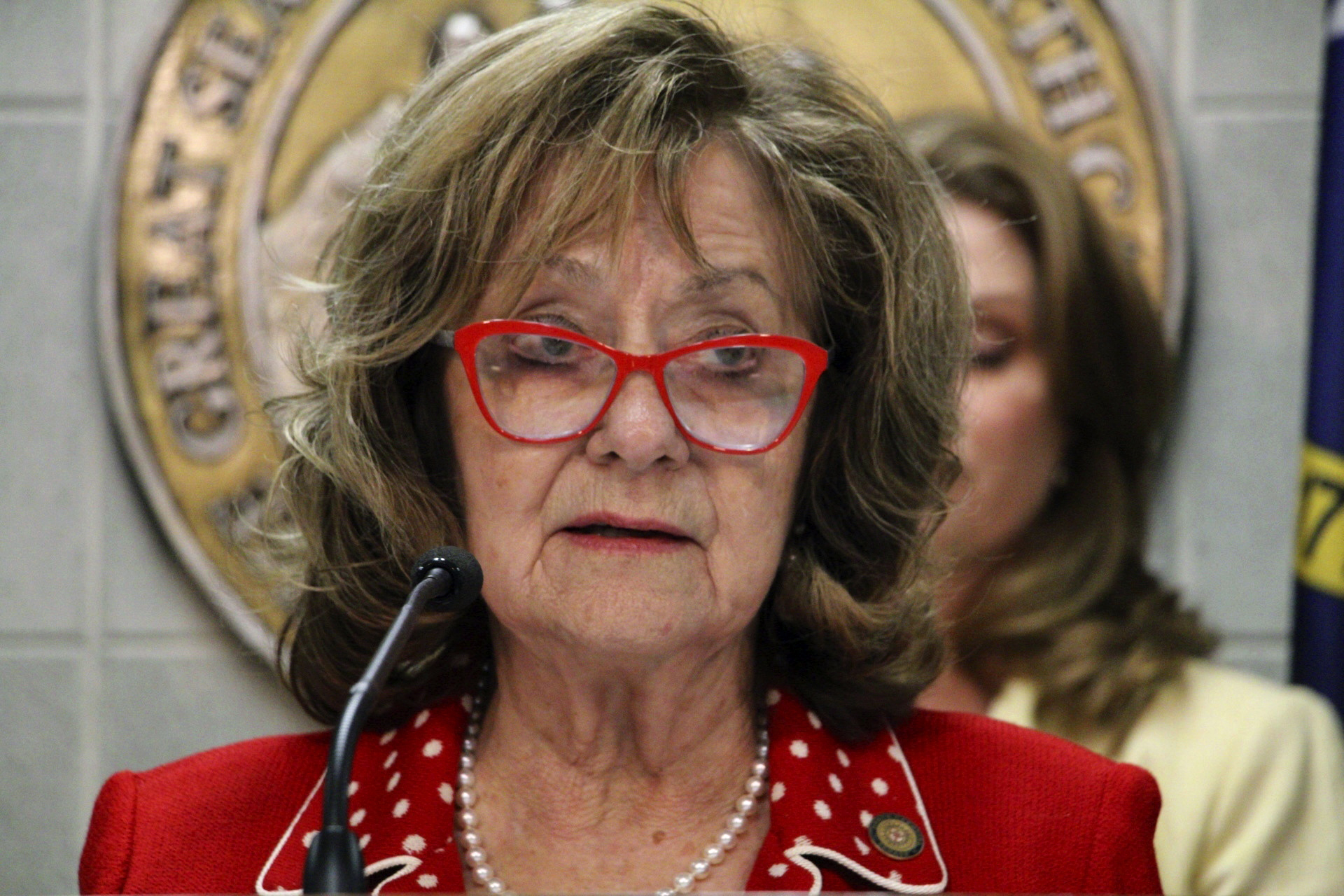 North Carolina state Sen. Joyce Krawiec, a Forsyth County Republican, speaks at a news conference on proposed new abortion restrictions Tuesday, May 2, 2023, at the Legislative Building in Raleigh, N.C. (AP Photo/Hannah Schoenbaum)