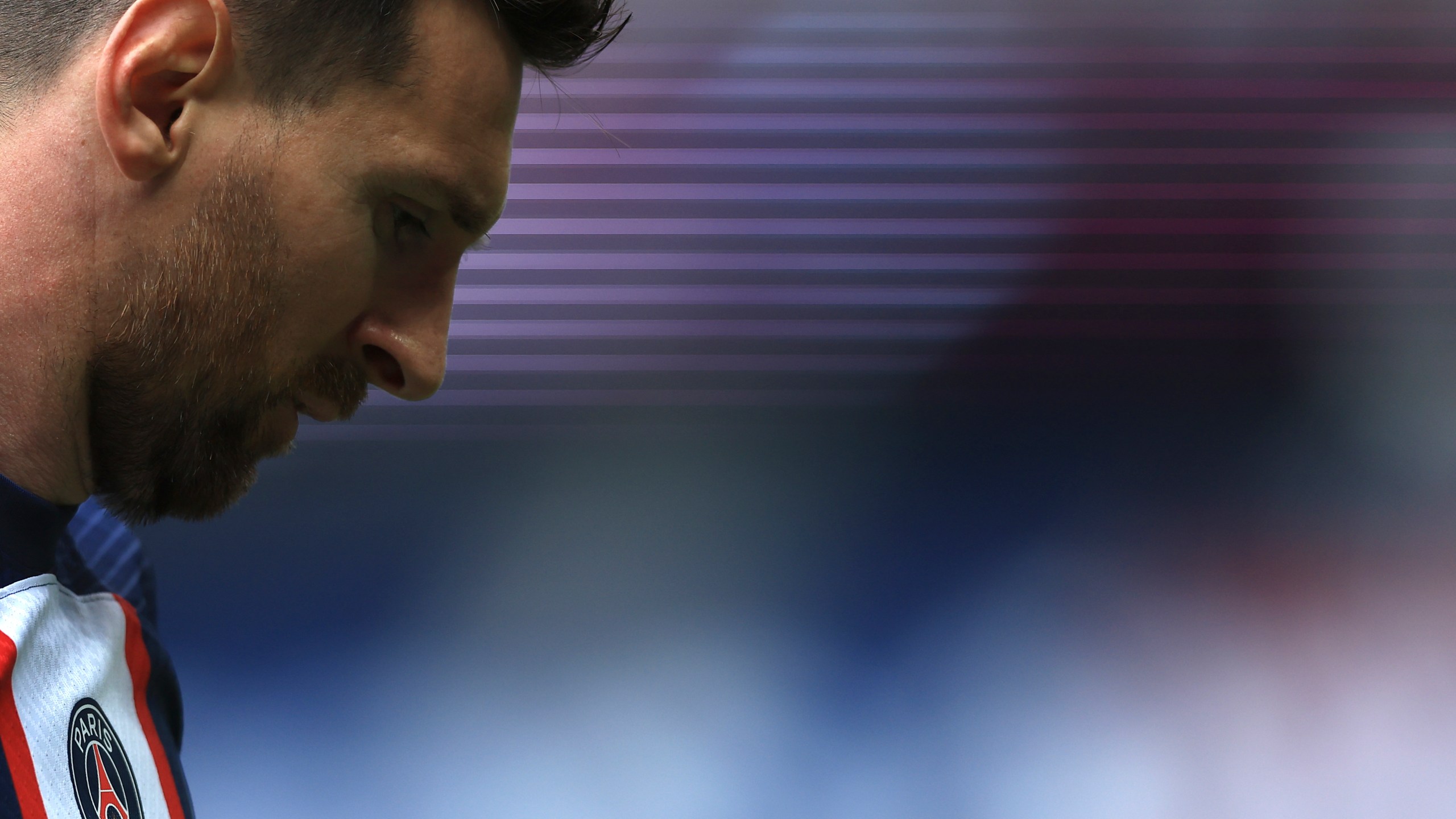 PSG's Lionel Messi reacts during the French League One soccer match between Paris Saint-Germain and Lorient, at the Parc des Princes stadium in Paris, Sunday, April 30, 2023. (AP Photo/Aurelien Morissard)