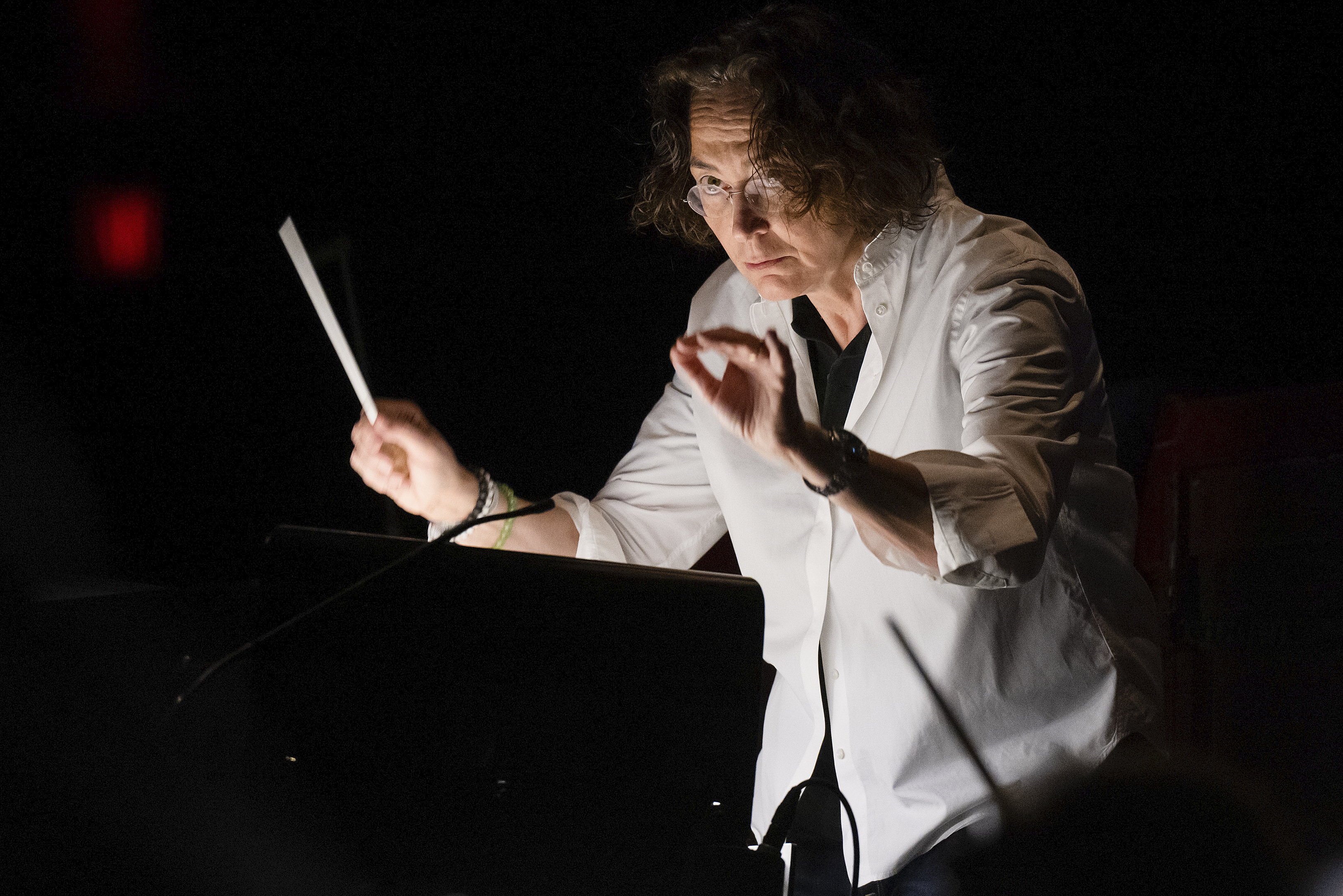 Nathalie Stutzmann conducts a recent orchestra rehearsal, Friday, April 28, 2023, in New York. Stutzmann gave up a quarter-century career as a contralto to become a conductor and makes her Metropolitan Opera debut in a new production of Mozart's "Don Giovanni" on Friday night. (Courtesy of the Metropolitan Opera via AP)