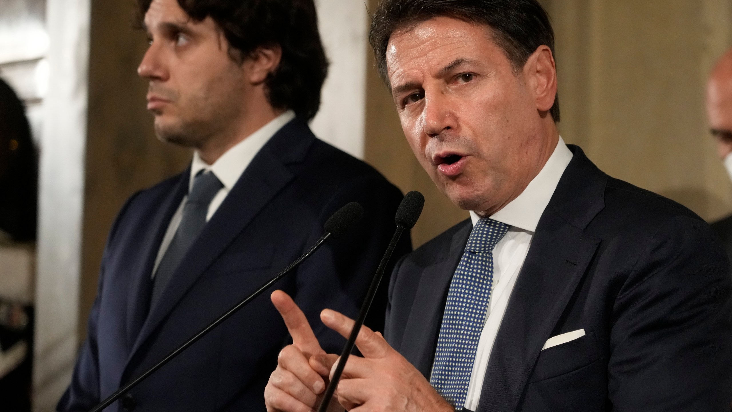 FILE - Giuseppe Conte talks to the press at the Quirinale Presidential Palace after a meeting with Italian President Sergio Mattarella, in Rome on Oct. 20, 2022. Former Italian Premier Giuseppe Conte has been physically attacked during an official appearance by a man protesting Italy’s lockdowns and other measures to contain the pandemic, Italian media reported Friday. The man struck Conte in the face, and was immediately detained by law enforcement, the news agency LaPresse reported. Conte did not appear to have been seriously harmed. (AP Photo/Gregorio Borgia, File)