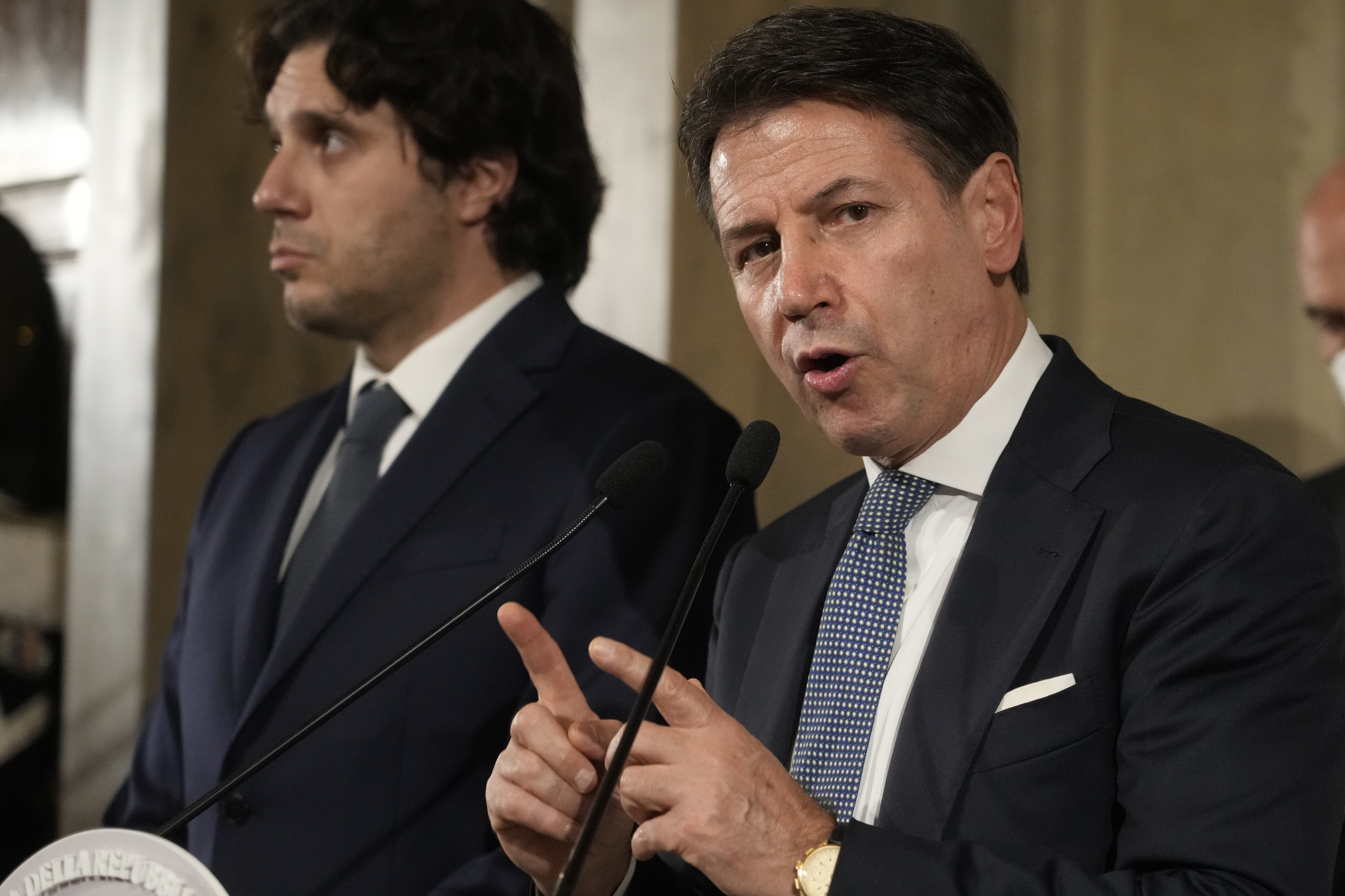 FILE - Giuseppe Conte talks to the press at the Quirinale Presidential Palace after a meeting with Italian President Sergio Mattarella, in Rome on Oct. 20, 2022. Former Italian Premier Giuseppe Conte has been physically attacked during an official appearance by a man protesting Italy’s lockdowns and other measures to contain the pandemic, Italian media reported Friday. The man struck Conte in the face, and was immediately detained by law enforcement, the news agency LaPresse reported. Conte did not appear to have been seriously harmed. (AP Photo/Gregorio Borgia, File)