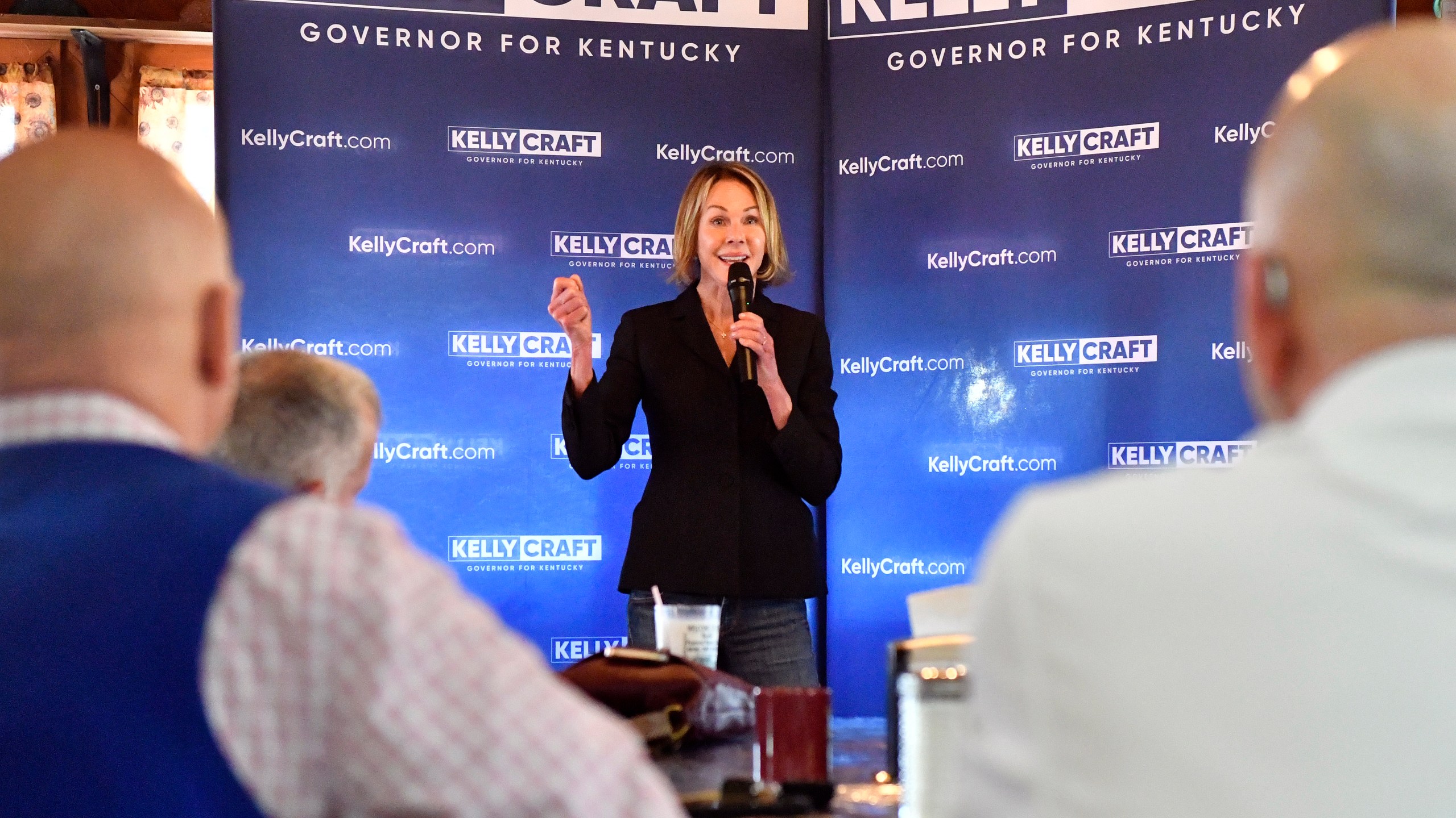 Kentucky gubernatorial candidate Kelly Craft speaks with supporters during a campaign stop in Liberty, Ky., Wednesday, May 3, 2023. (AP Photo/Timothy D. Easley)