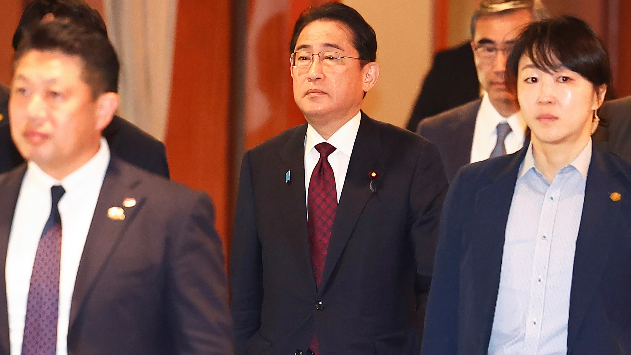 Japanese Prime Minister Fumio Kishida, center, leaves after meeting with business leaders at a hotel in Seoul, South Korea, Monday, May 8, 2023. (Seo Dae-yeon/Yonhap via AP)