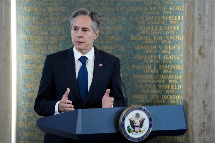 Secretary of State Antony Blinken speaks at an American Foreign Service Association memorial plaque ceremony, Friday, May 5, 2023, at the U.S. State Department in Washington. (AP Photo/Patrick Semansky)