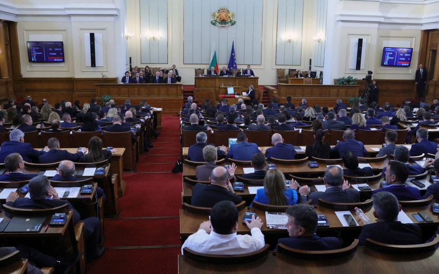 FILE - Interior view of the Bulgarian Parliament during a meeting, in Sofia, Bulgaria, Wednesday, Dec. 14, 2022. A European Union commissioner from Bulgaria has been nominated for the post of prime minister as the Balkan country struggles to end a two-year period of political instability and economic hardship. Maria Gabriel was tipped on Wednesday by the center-right GERB party to receive a mandate. (AP Photo/Valentina Petrova, File)