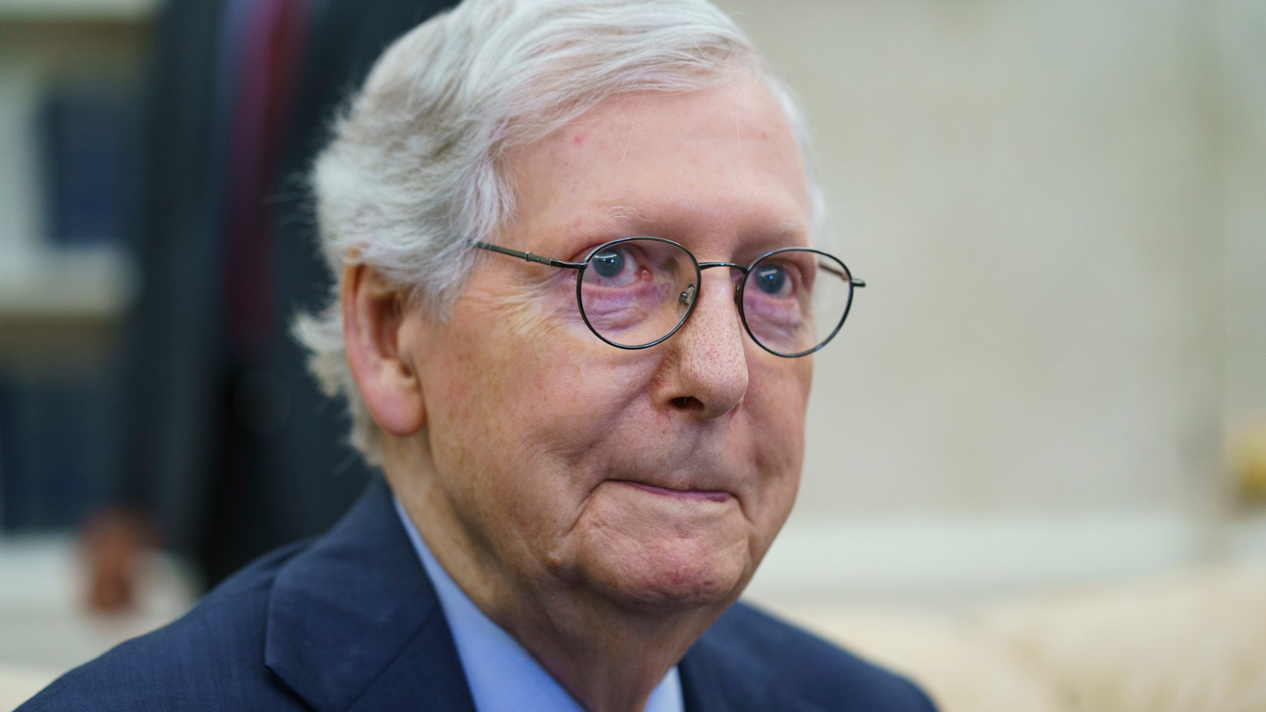 Senate Minority Leader Mitch McConnell of Ky., listens as President Joe Biden speaks before a meeting to discuss the debt limit in the Oval Office of the White House, Tuesday, May 9, 2023, in Washington. (AP Photo/Evan Vucci)