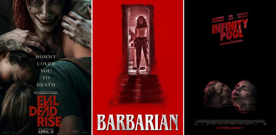 This combination of images shows promotional art for the films "Evil Dead Rise," "Barbarian," and "Infinity Pool." (Warner Bros. Pictures/20th Century Studios/Elevation Pictures via AP)