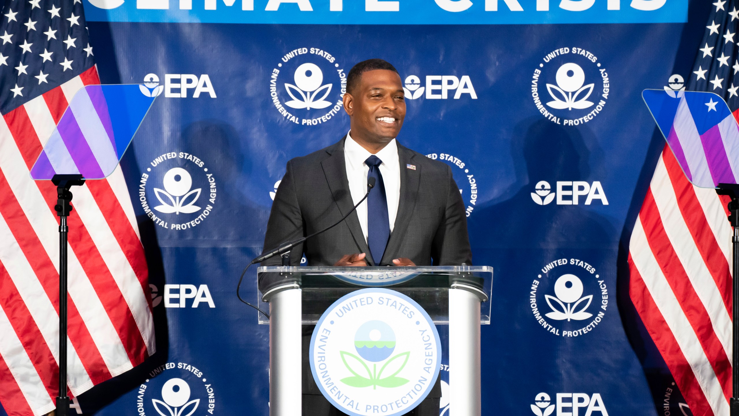 Environmental Protection Agency Administrator Michael Regan speaks about new proposed limits on greenhouse gas emissions from coal- and gas-fired power plants during an event at the University of Maryland on Thursday, May 11, 2023, in College Park, Md. (AP Photo/Nathan Howard)