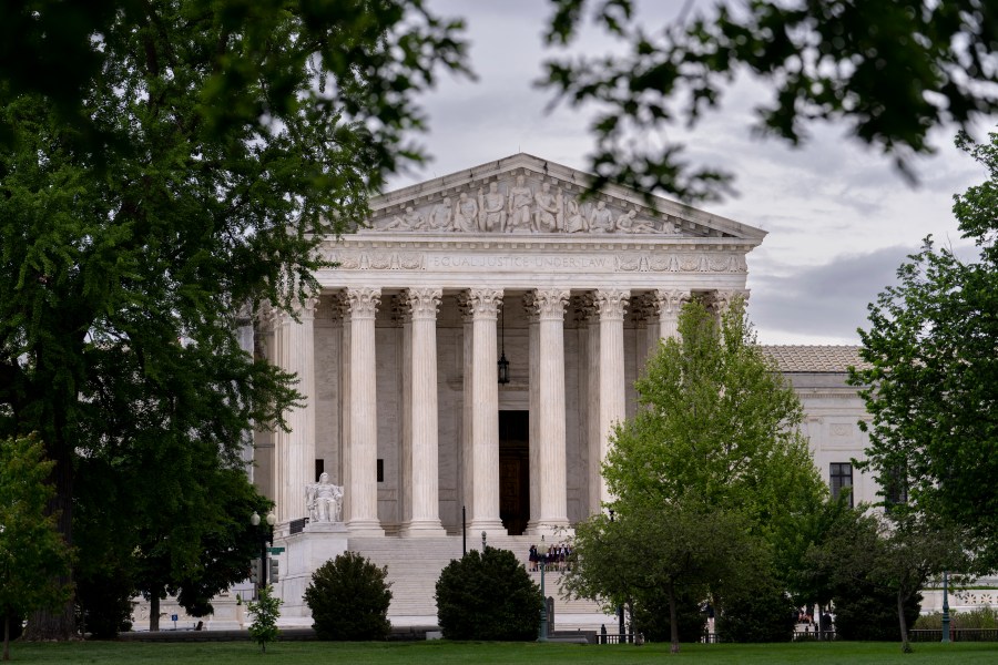 FILE - The U.S. Supreme Court is seen on Capitol Hill in Washington, May 2, 2023. The Supreme Court has rejected a challenge to a California animal cruelty law that affects the pork industry, ruling that the case was properly dismissed by lower courts. Pork producers had said that the law could force industry-wide changes and raise the cost of bacon and other pork products nationwide. (AP Photo/J. Scott Applewhite, File Photo)