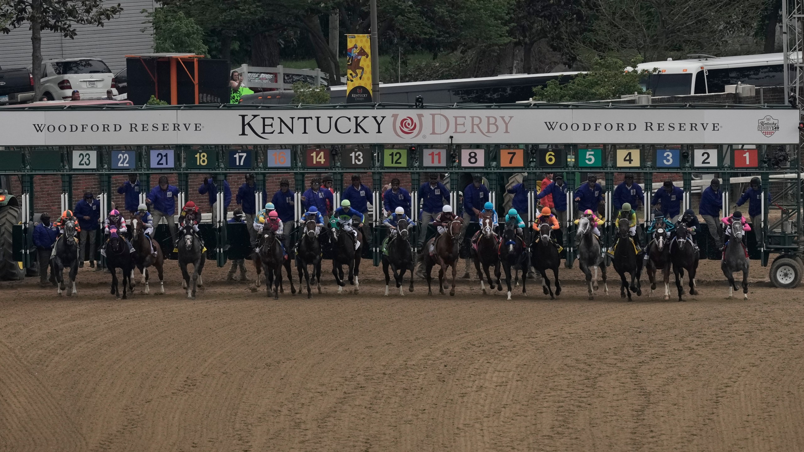 Horses leave the starting gate during the 149th running of the Kentucky Derby horse race at Churchill Downs Saturday, May 6, 2023, in Louisville, Ky. (AP Photo/Charlie Riedel)