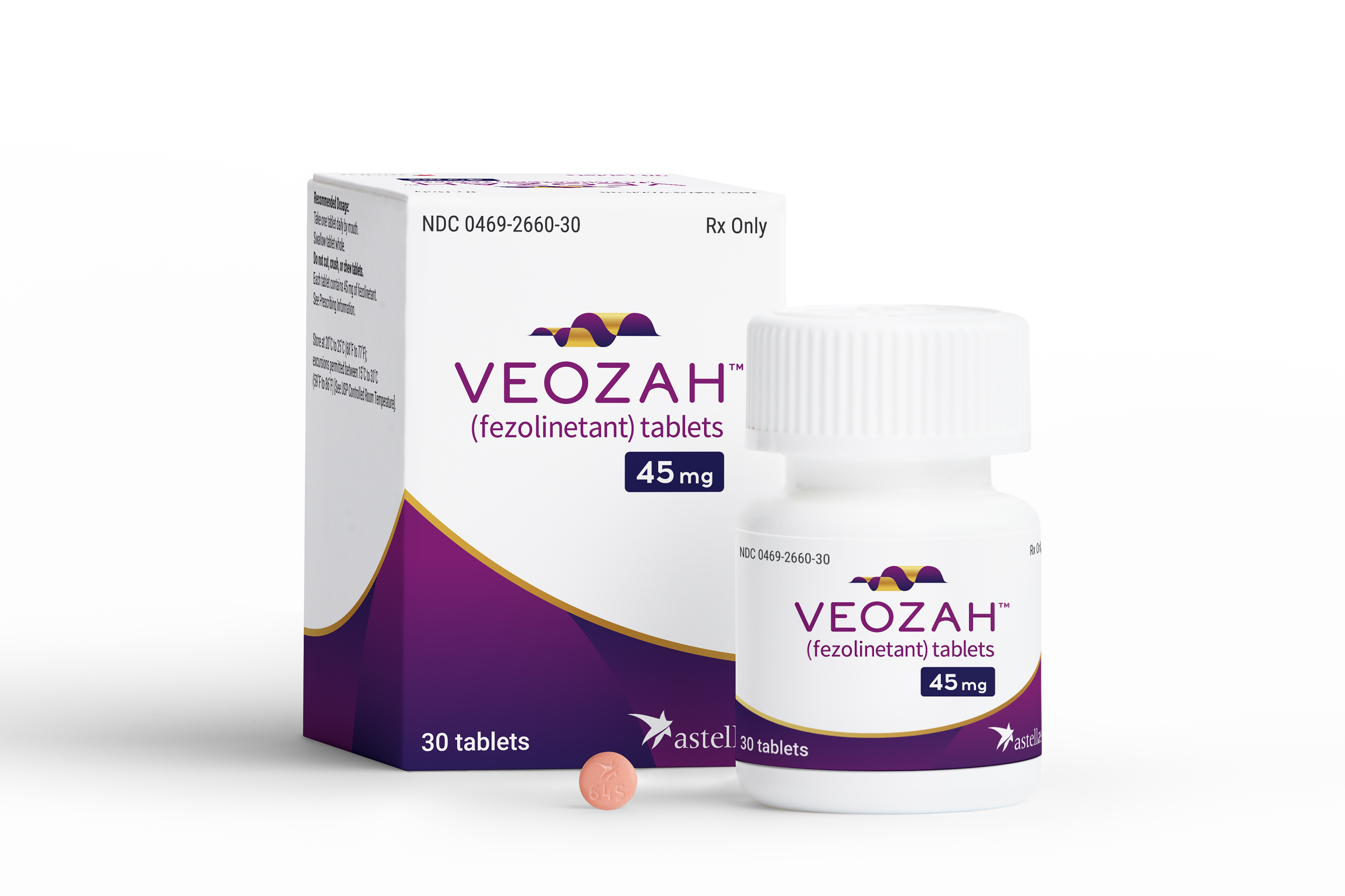 In this undated product photo released by Astellas Pharma, a box and container of Veozah drug are displayed. U.S. health regulators on Friday approved a new type of drug for women dealing with uncomfortable hot flashes caused by menopause. (Astellas Pharma via AP)