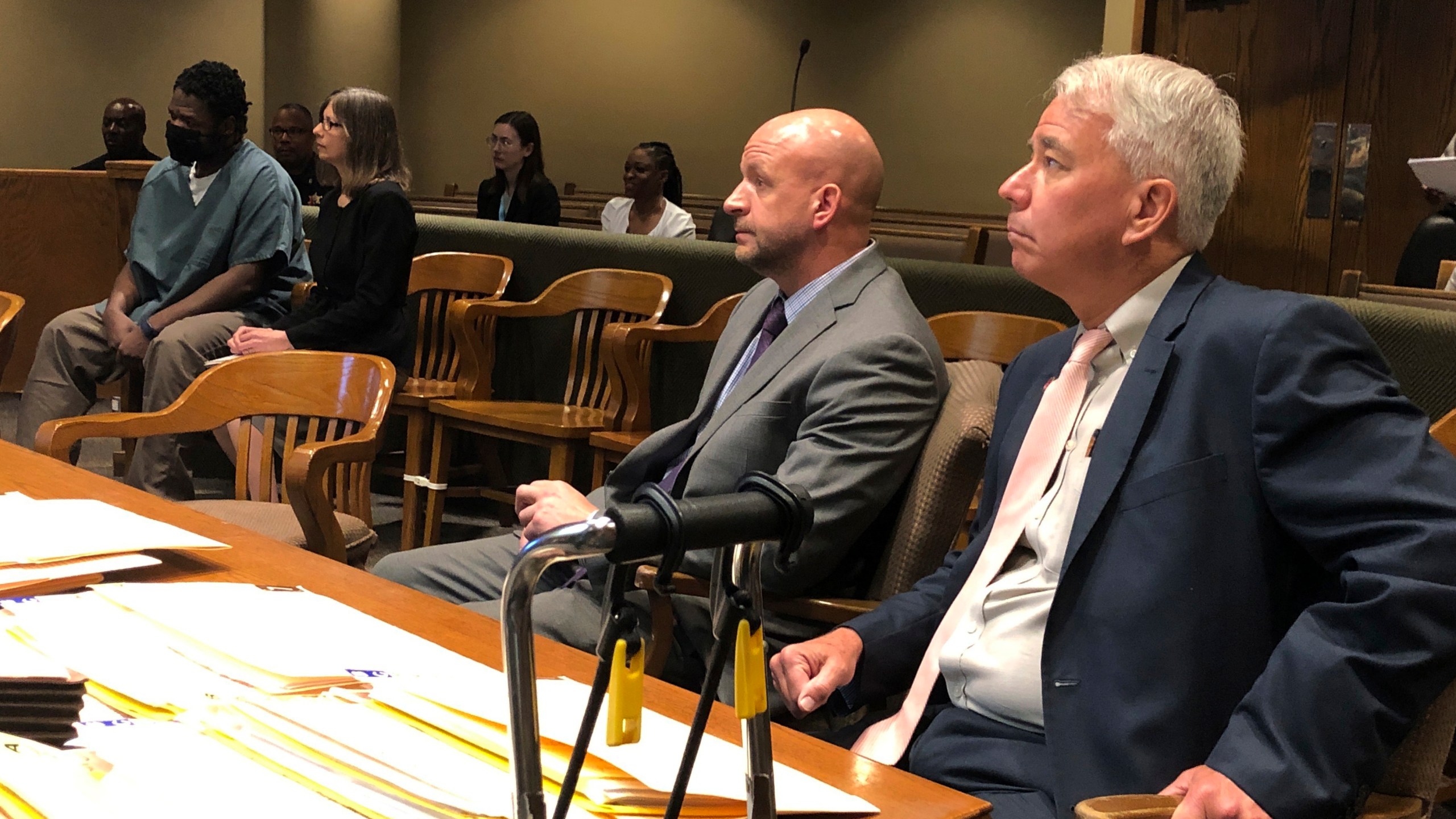 From left, Cleotha Abston, his lawyer Jennifer Case, prosecutor Paul Hagerman, Shelby County District Attorney Steve Mulroy sit in court in Memphis, Tenn, on Thursday, July 6, 2023. Memphis prosecutors say they will seek the death penalty against Abston, who's charged with kidnapping a school teacher during an early morning run and killing her. (AP Photo/Adrian Sainz)
