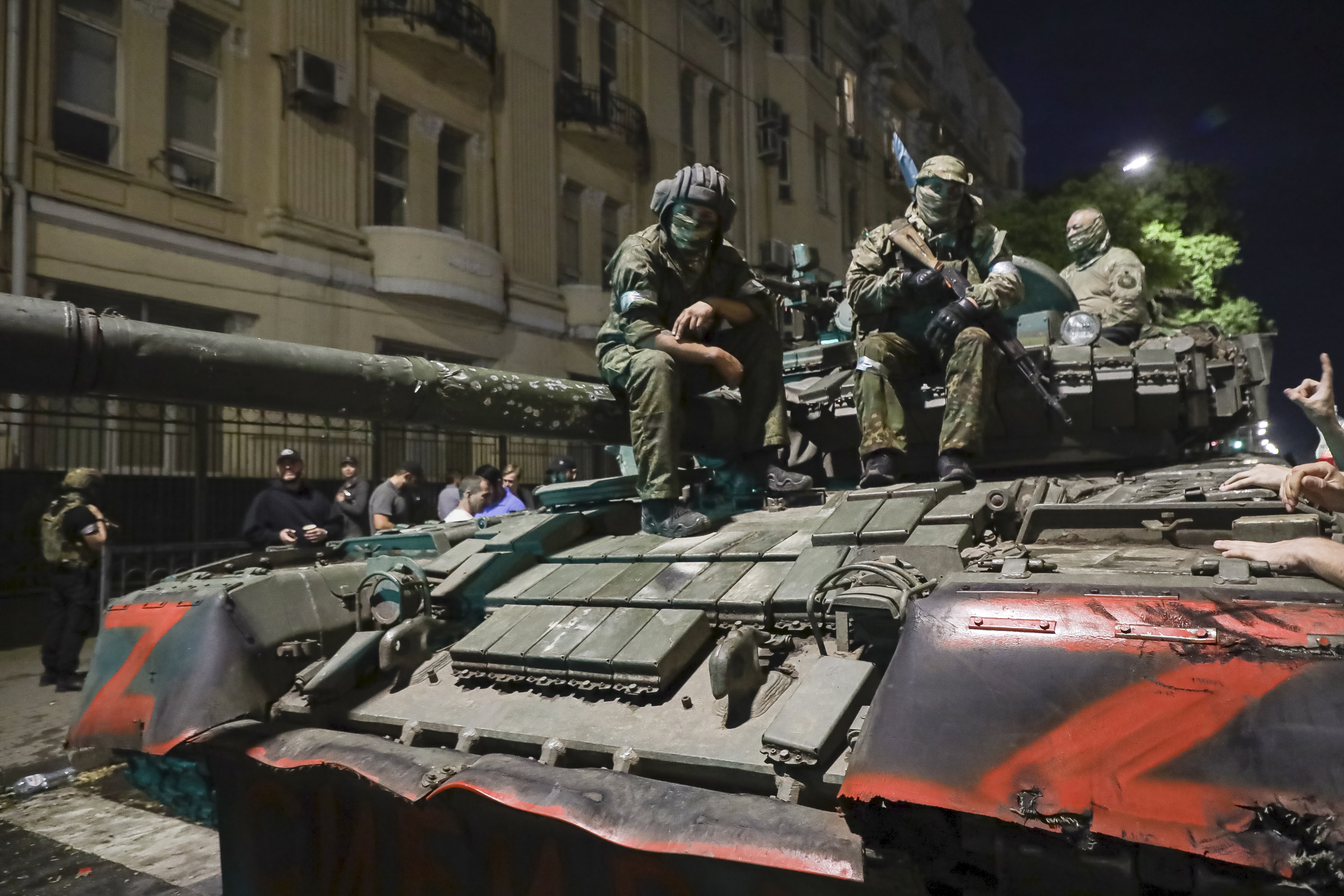 FILE - Members of the Wagner Group military company sit atop of a tank on a street in Rostov-on-Don, Russia, Saturday, June 24, 2023, prior to leaving an area at the headquarters of the Southern Military District. The U.K. says it will declare Russia’s Wagner mercenary group a banned terrorist organization. British officials say the group remains a threat to global security even after the death of leader Yevgeny Prigozhin. . (AP Photo, File)