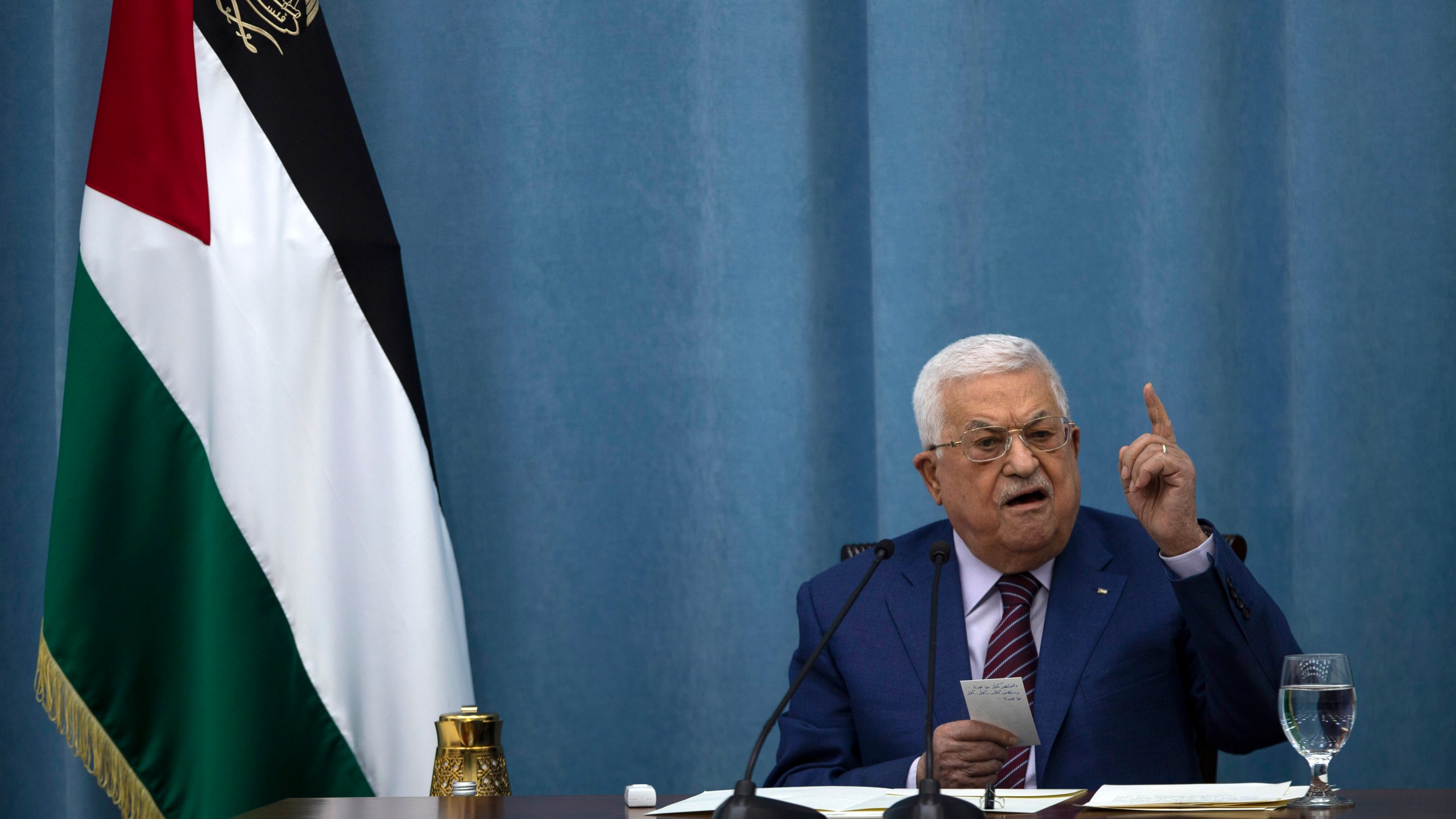 FILE - Palestinian President Mahmoud Abbas speaks during a meeting of the PLO executive committee and a Fatah Central Committee at the Palestinian Authority headquarters in the West Bank city of Ramallah on May 12, 2021. Palestinian political factions on Wednesday, Sept. 13, 2023, raged against dozens of Palestinian academics who had criticized Abbas' recent remarks on the Holocaust that have drawn widespread accusations of antisemitism. (AP Photo/Majdi Mohammed, File)