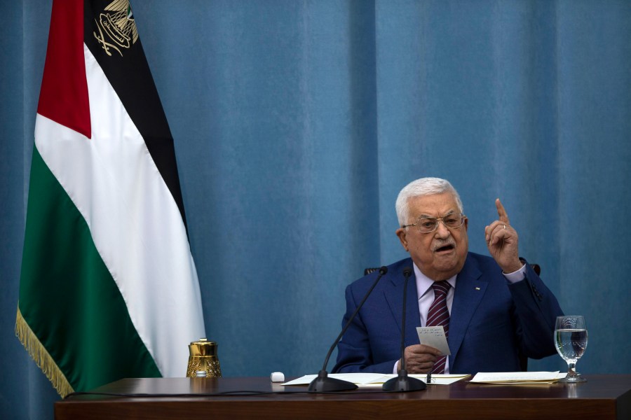 FILE - Palestinian President Mahmoud Abbas speaks during a meeting of the PLO executive committee and a Fatah Central Committee at the Palestinian Authority headquarters in the West Bank city of Ramallah on May 12, 2021. Palestinian political factions on Wednesday, Sept. 13, 2023, raged against dozens of Palestinian academics who had criticized Abbas' recent remarks on the Holocaust that have drawn widespread accusations of antisemitism. (AP Photo/Majdi Mohammed, File)