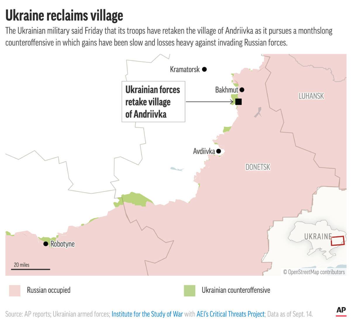 Ukraine says it has retaken a village in the east as it wages its counteroffensive against invading Russian forces. (AP Digital Embed)