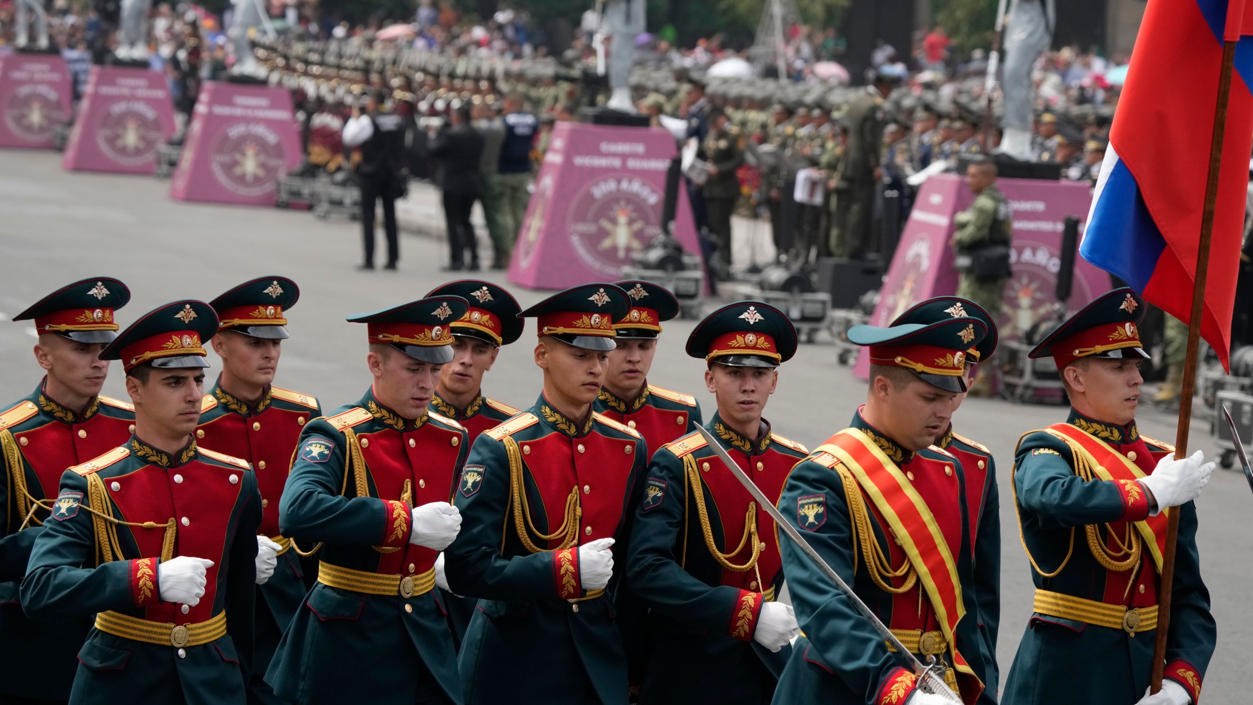 A contingent of Russian soldiers march in the annual Independence Day military parade through the Zocalo of Mexico City, Saturday, Sept. 16, 2023. (AP Photo/Fernando Llano)