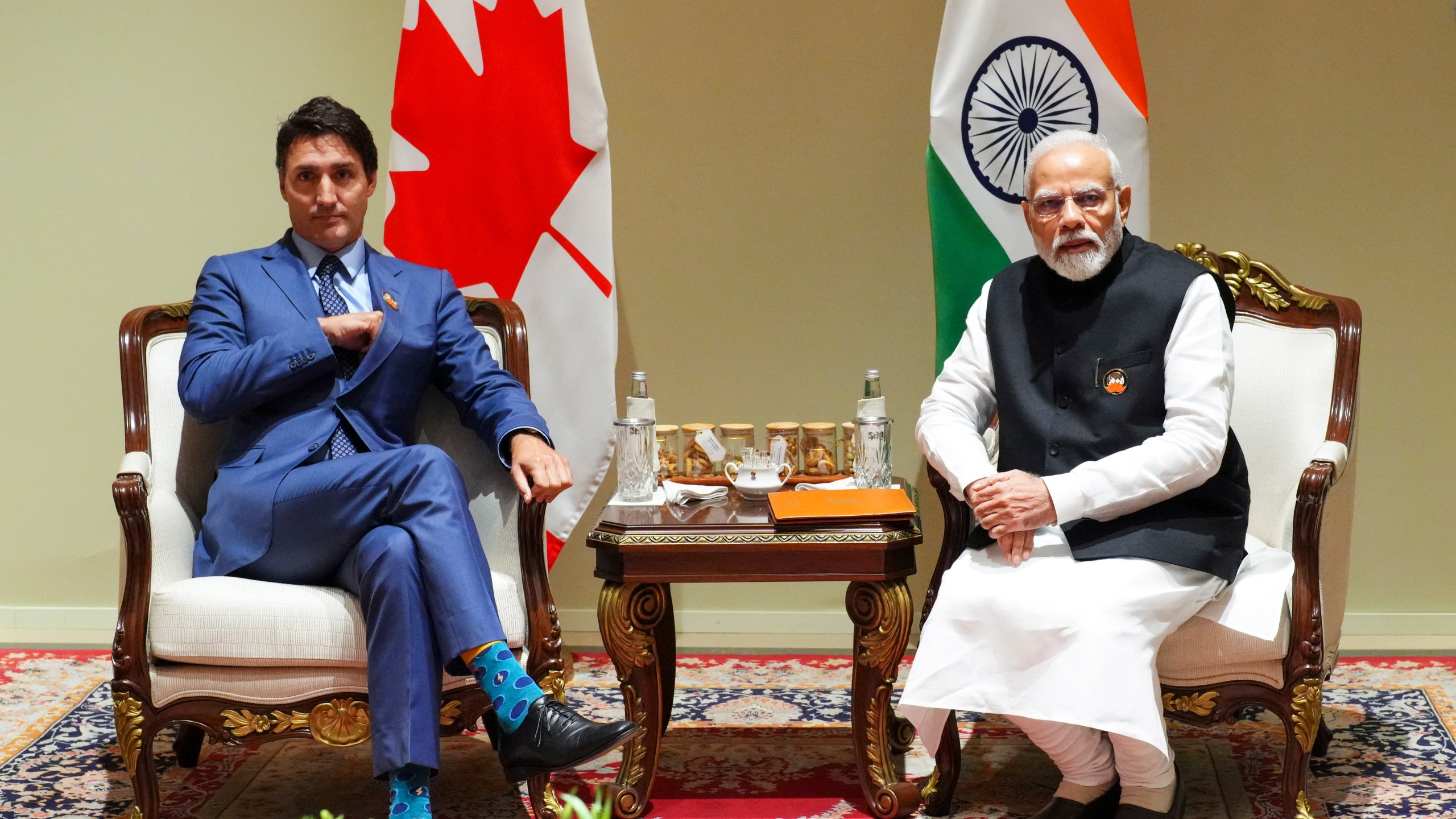 Prime Minister Justin Trudeau takes part in a bilateral meeting with Indian Prime Minister Narendra Modi during the G20 Summit in New Delhi, India on Sunday, Sept. 10, 2023. Prime Minister Justin Trudeau said that Canada wasn't looking to escalate tensions, but asked India on Tuesday, Sept. 19, to take the killing of a Sikh activist seriously after India called accusations that the Indian government may have been involved absurd.(Sean Kilpatrick/The Canadian Press via AP)