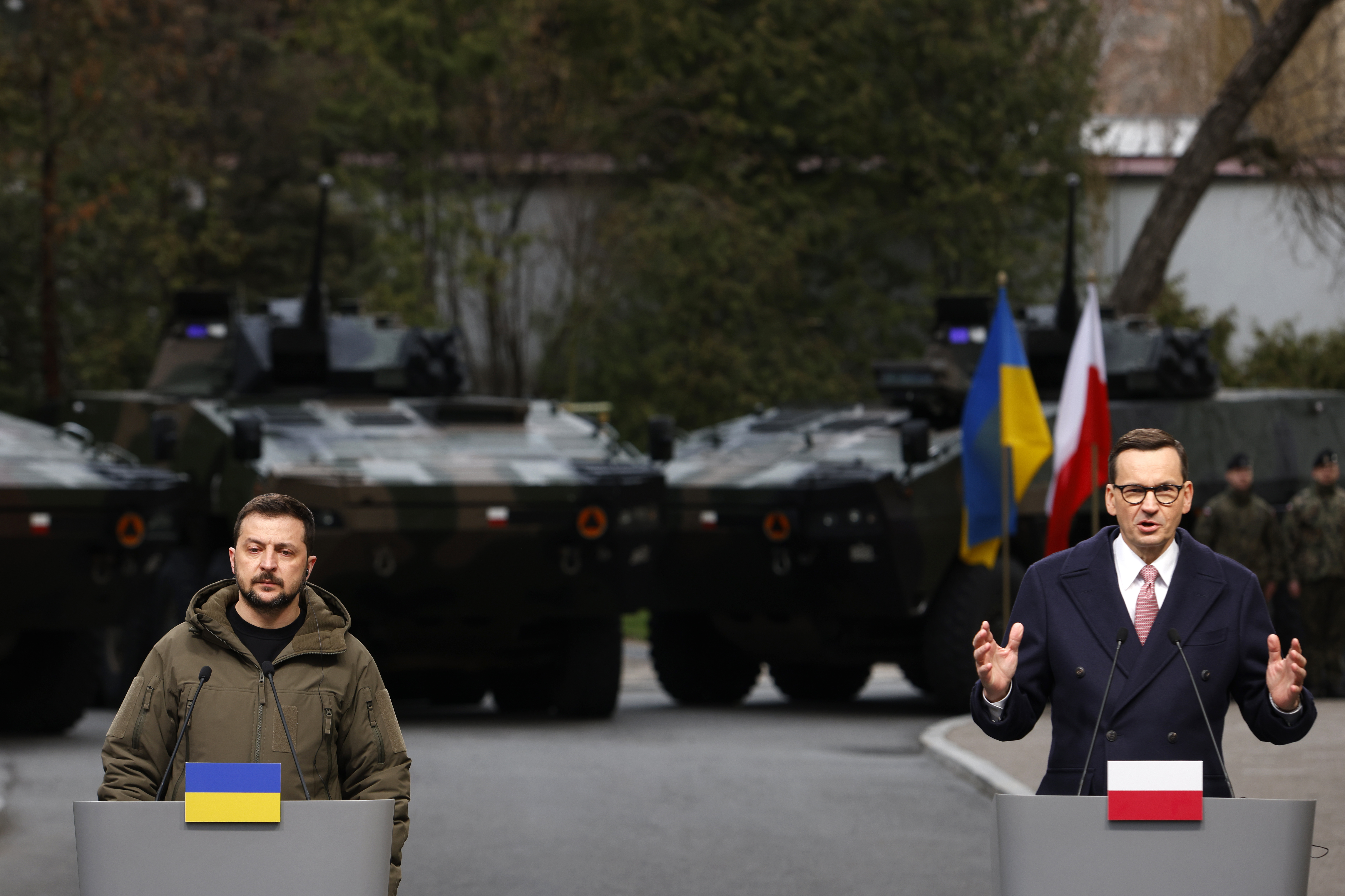 FILE - Poland's Prime Minister Mateusz Morawiecki, right, and Ukrainian President Volodymyr Zelenskyy attend a press conference in Warsaw, Poland, Wednesday, April 5, 2023. Poland's prime minister said on late Wednesday his country is no longer sending arms to Ukraine, a comment that appeared aimed at pressuring Kyiv but put Poland's status as a major source of military equipment in doubt as a trade dispute between the neighboring states escalates. (AP Photo/Michal Dyjuk, File)