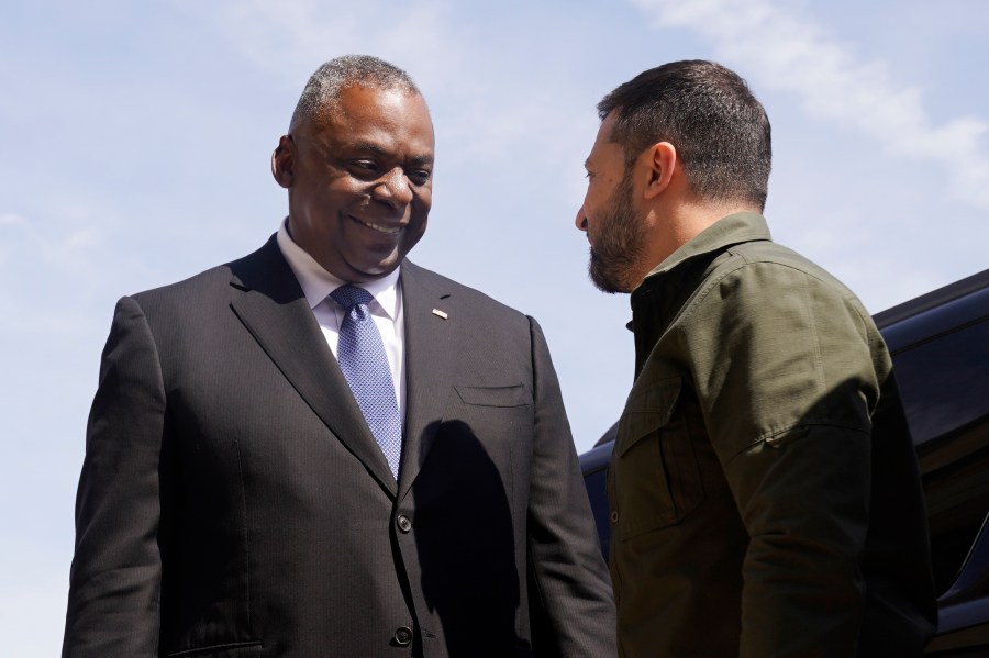 Secretary of Defense Lloyd Austin greets Ukrainian President Volodymyr Zelenskyy during a welcome ceremony at the Pentagon, Thursday, Sept. 21, 2023, in Washington. (AP Photo/Andrew Harnik)