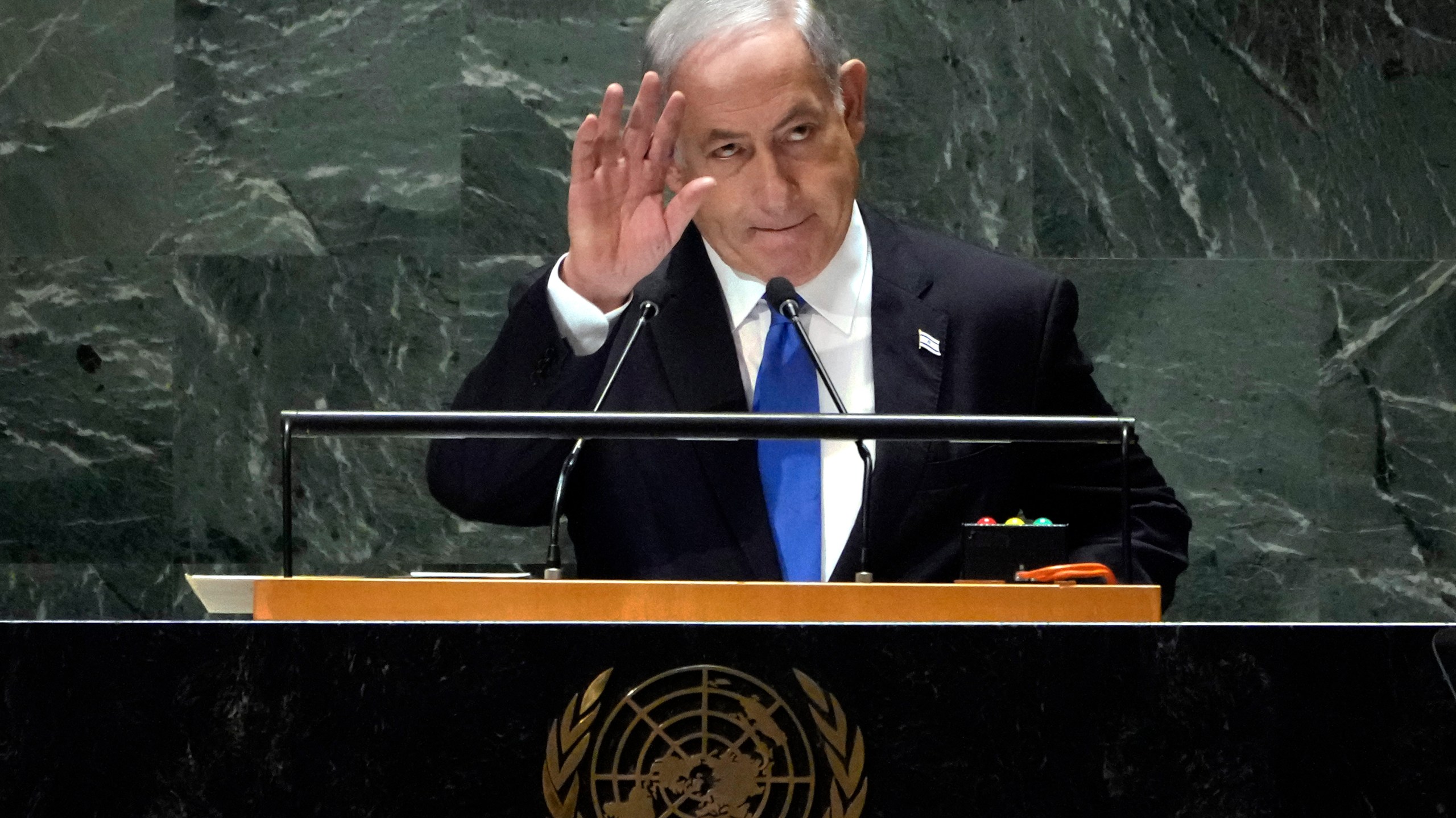 Israel's Prime Minister Benjamin Netanyahu acknowledges audience applause before he addresses the 78th session of the United Nations General Assembly, Friday, Sept. 22, 2023. (AP Photo/Richard Drew)