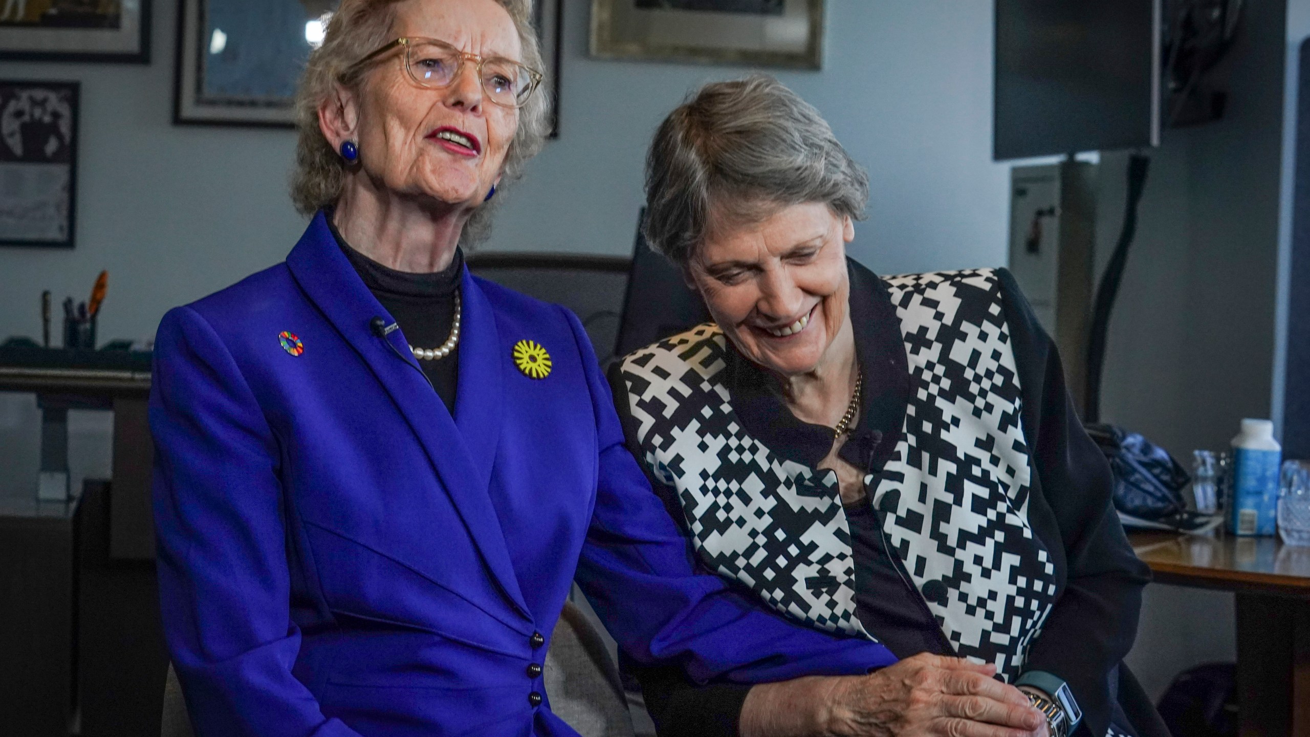 Former Irish President Mary Robinson, left, and former New Zealand Prime Minister Helen Clark, both members of Elders, "an independent group of global leaders working for peace, justice, human rights and a sustainable planet" founded by Nelson Mandela in 2007, hold an interview to discuss the group's progress, Wednesday Sept. 20, 2023, in New York. (AP Photo/Bebeto Matthews)