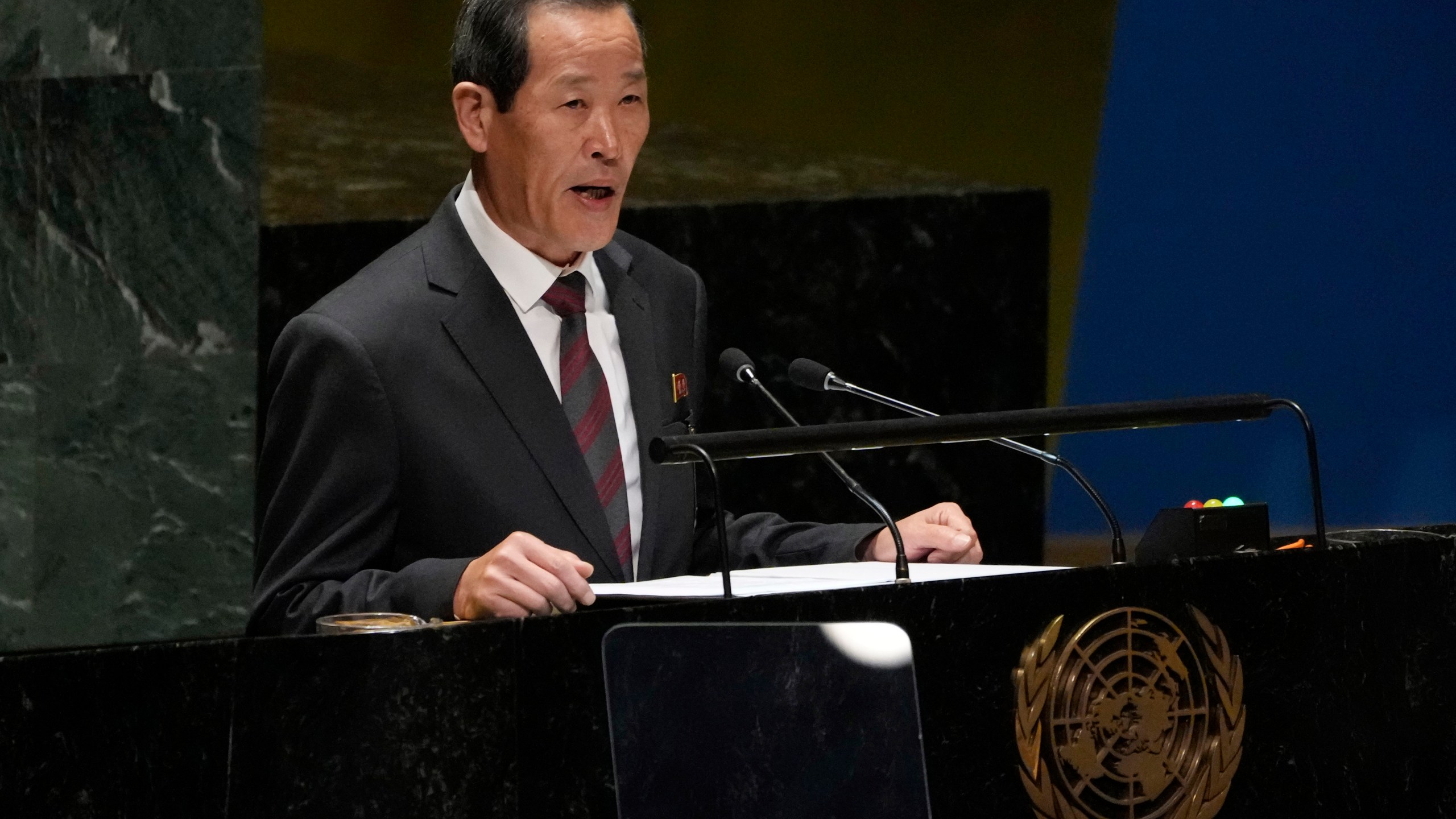 North Korea's UN Ambassador Song Kim addresses the 78th session of the United Nations General Assembly, Tuesday, Sept. 26, 2023. (AP Photo/Richard Drew)