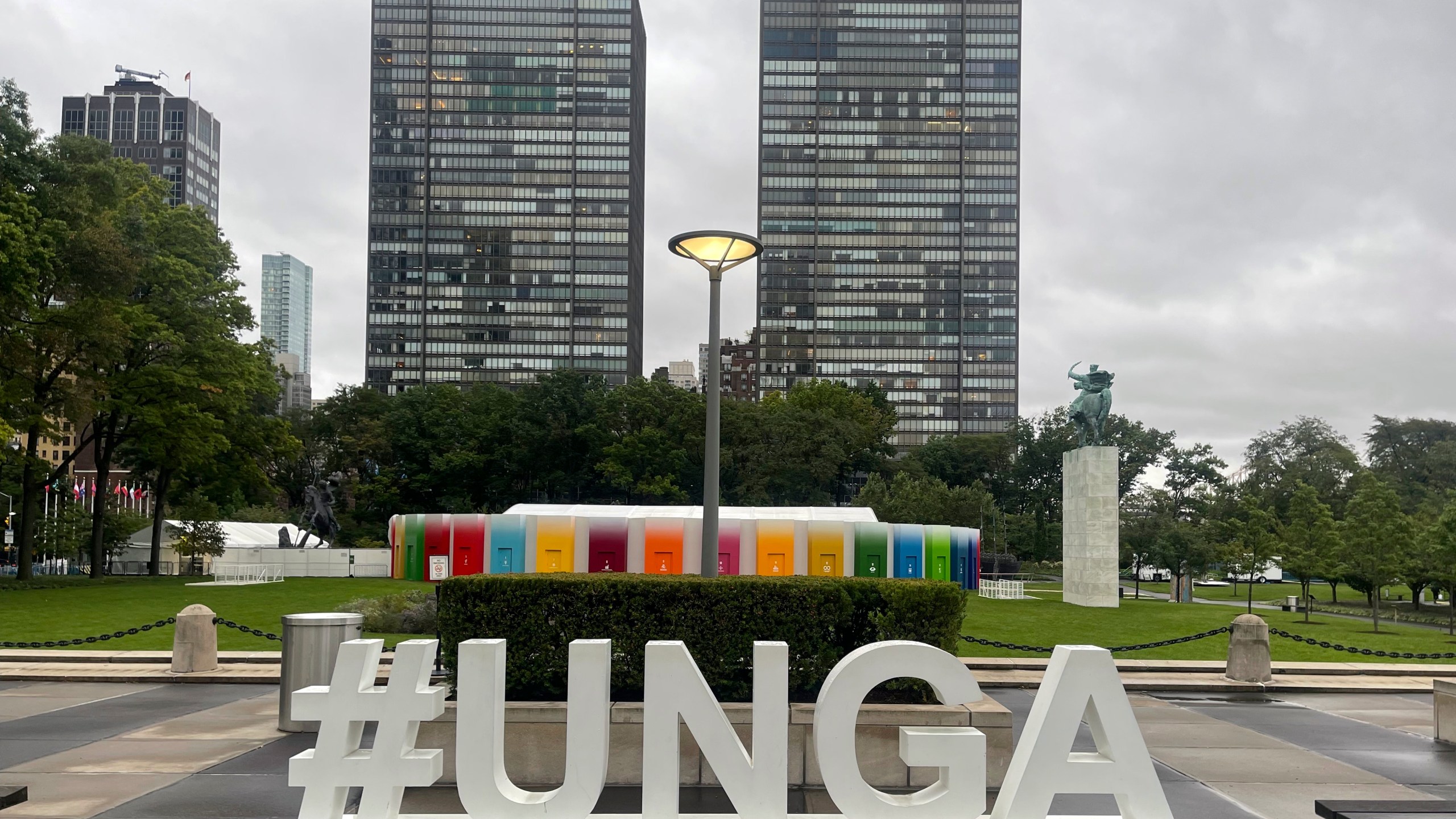 The hashtag “#UNGA” sign is shown outside the U.N. General Assembly Hall at the United Nations, Saturday, Sept. 23, 2023. (AP Photo/Ted Anthony)