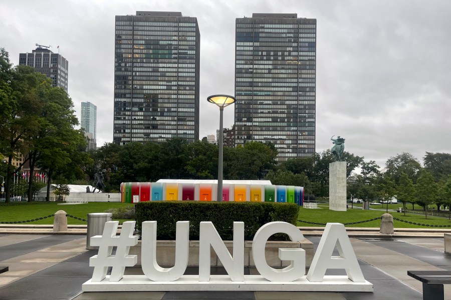 The hashtag “#UNGA” sign is shown outside the U.N. General Assembly Hall at the United Nations, Saturday, Sept. 23, 2023. (AP Photo/Ted Anthony)