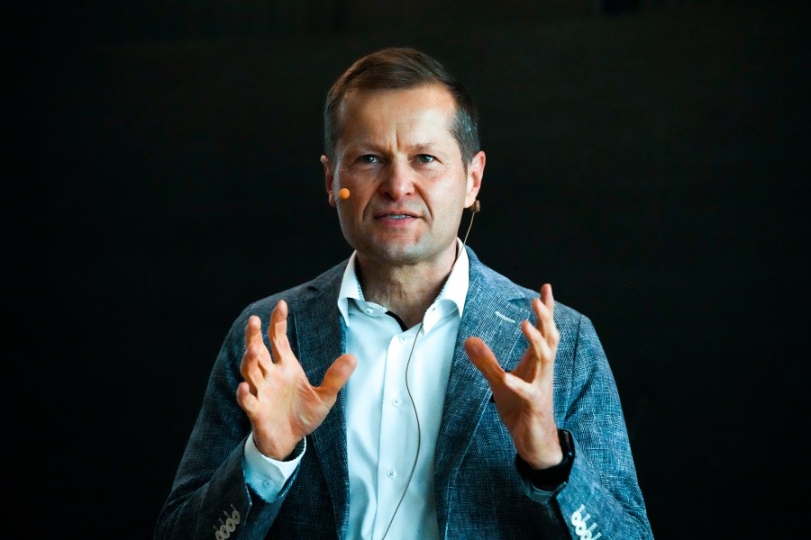 Scientist Ferenc Krausz speaks during a presentation after he winning the Physics Nobel Prize at the Max-Plank-Institute of Quantum Optics in Munich, Germany Tuesday, Oct. 3, 2023. The Nobel Prize in physics has been awarded to Pierre Agostini, Ferenc Krausz and Anne L'Huillier for looking at electrons in atoms by the tiniest of split seconds. (AP Photo/Matthias Schrader)