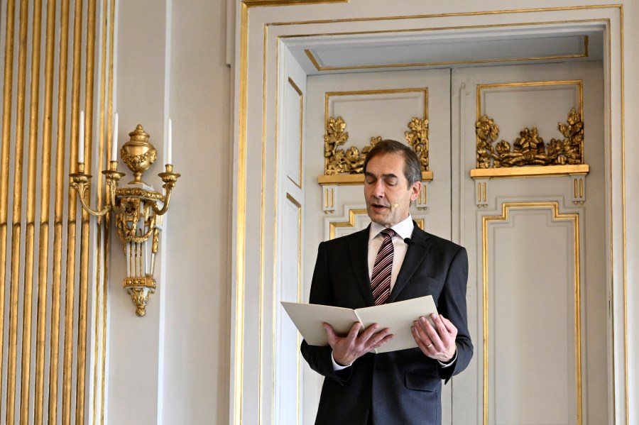 Mats Malm, Permanent Secretary at the Swedish Academy, announces the Nobel Prize in Literature, at the Stock Exchange in Stockholm, Thursday, Oct. 5, 2023. The Nobel Prize in literature has been awarded to Norwegian writer Jon Fosse for “his innovative plays and prose, which give voice to the unsayable,” according to the Swedish Academy. (Pontus Lundahl/TT News Agency via AP)