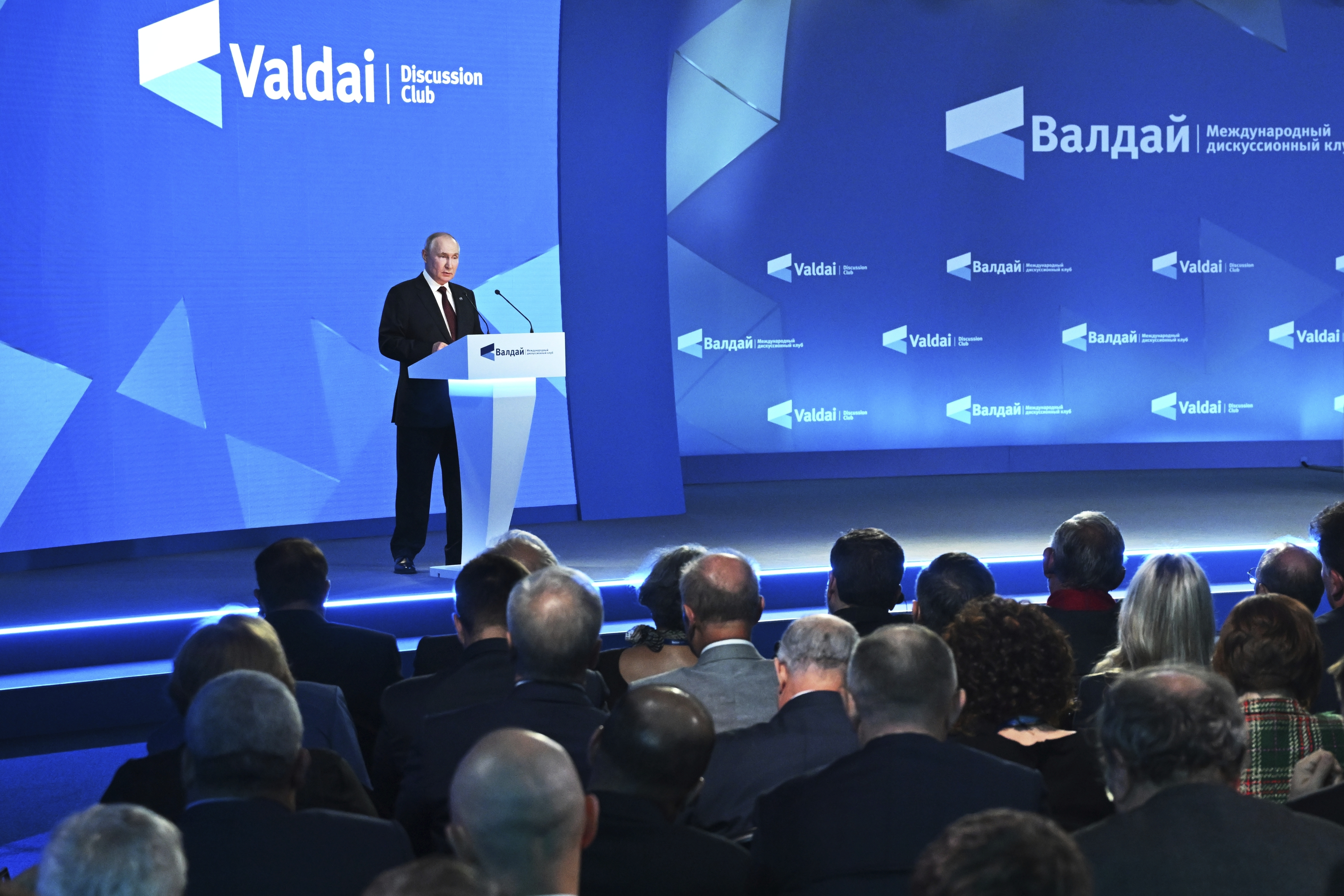 Russian President Vladimir Putin addresses the annual meeting of the Valdai Discussion Club in the Black Sea resort of Sochi, Russia, Thursday, Oct. 5, 2023. (Grigory Sysoyev, Sputnik, Kremlin Pool Photo via AP)