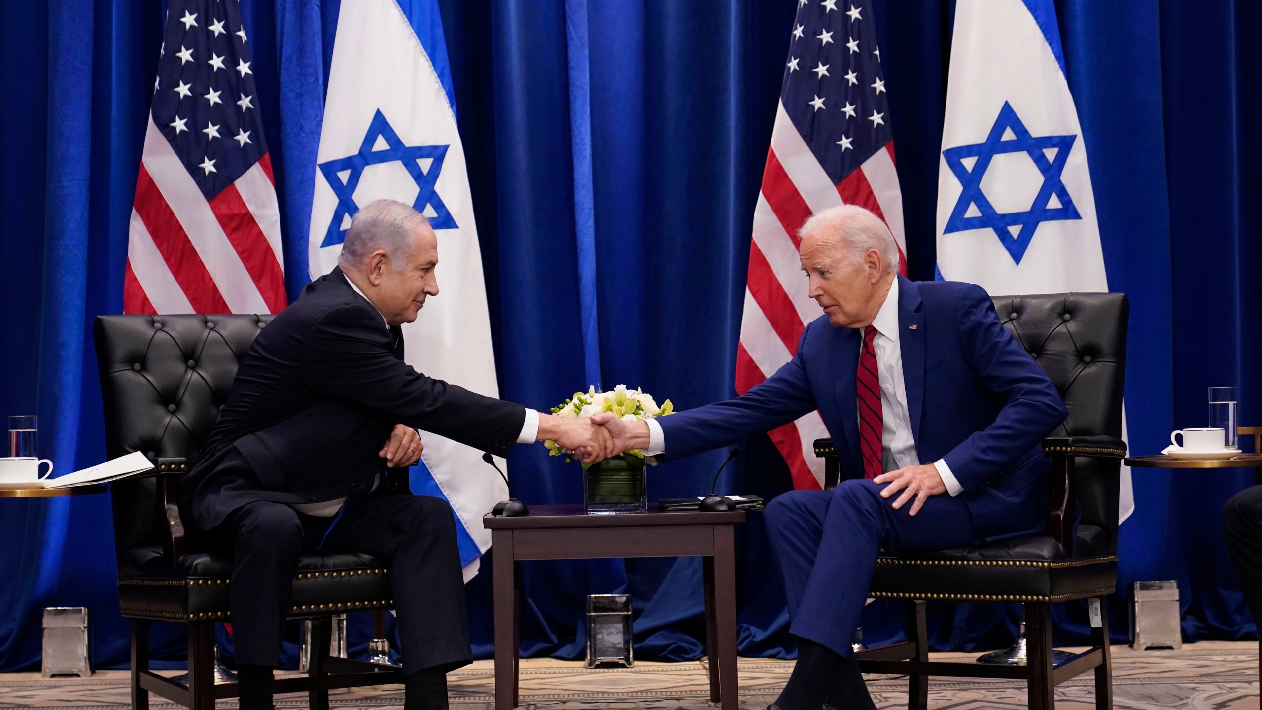 FILE - President Joe Biden meets with Israeli Prime Minister Benjamin Netanyahu in New York, Sept. 20, 2023. Less than three weeks ago, Netanyahu sat beside Biden and marveled that an "historic peace between Israel and Saudi Arabia" seemed within reach. Now, the outbreak of war between Israel and the Palestinians is threatening to delay or derail a country-by-country diplomatic push by the United States to improve relations between Israel and its Arab neighbors. (AP Photo/Susan Walsh, File)