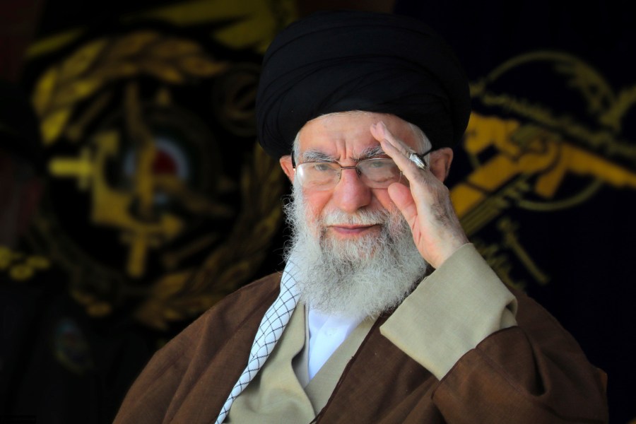 In this picture released by an official website of the office of the Iranian supreme leader, Supreme Leader Ayatollah Ali Khamenei reviews a group of armed forces cadets during their graduation ceremony in Tehran, Iran, Tuesday, Oct. 10, 2023. (Office of the Iranian Supreme Leader via AP)