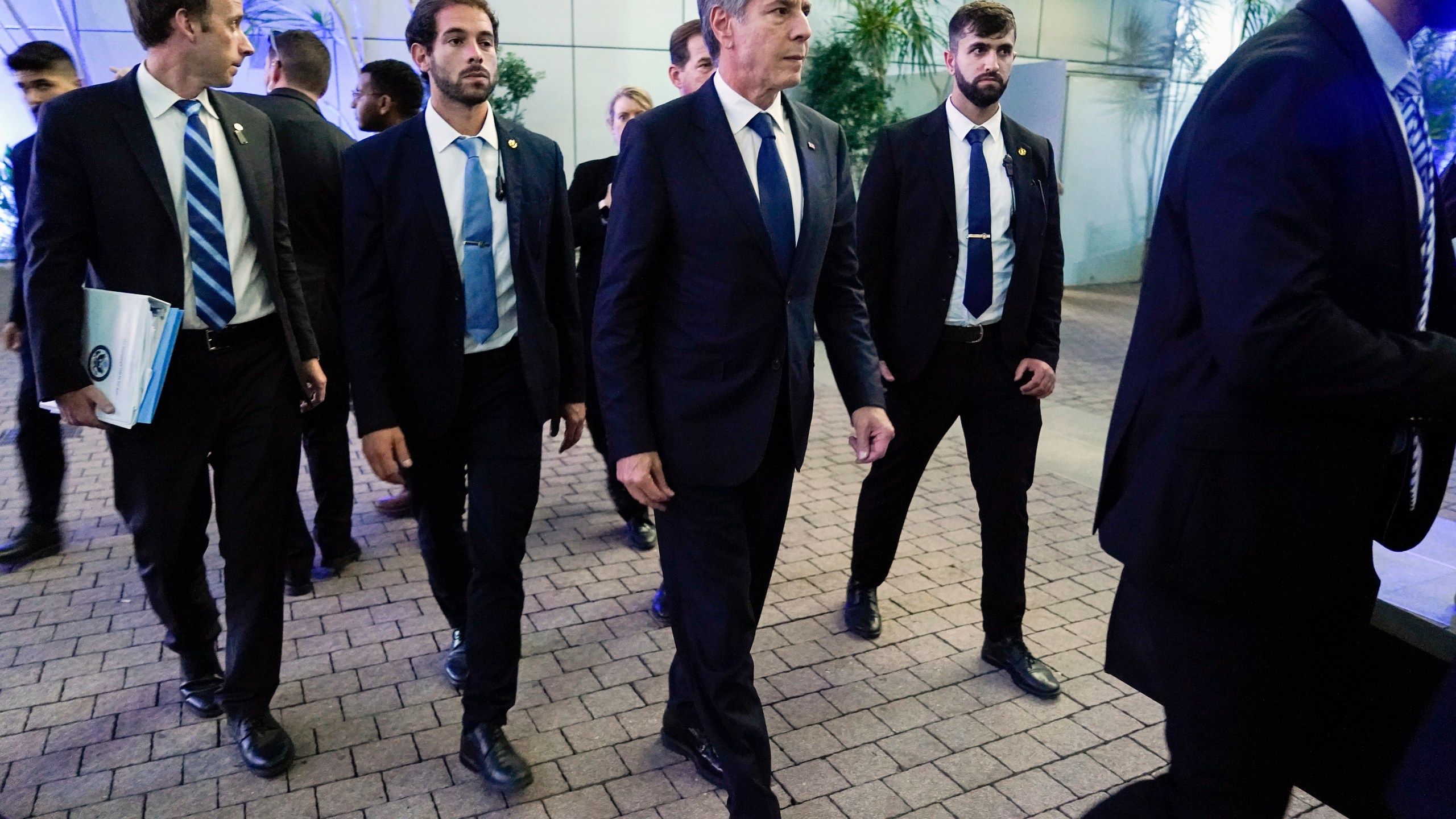 U.S. Secretary of State Antony Blinken arrives to make a brief statement to the media with Israeli Defense Minister Yoav Gallant, not pictured, at The Kirya, Israel's Ministry of Defense, Monday, Oct. 16, 2023, in Tel Aviv. (AP Photo/Jacquelyn Martin, Pool)