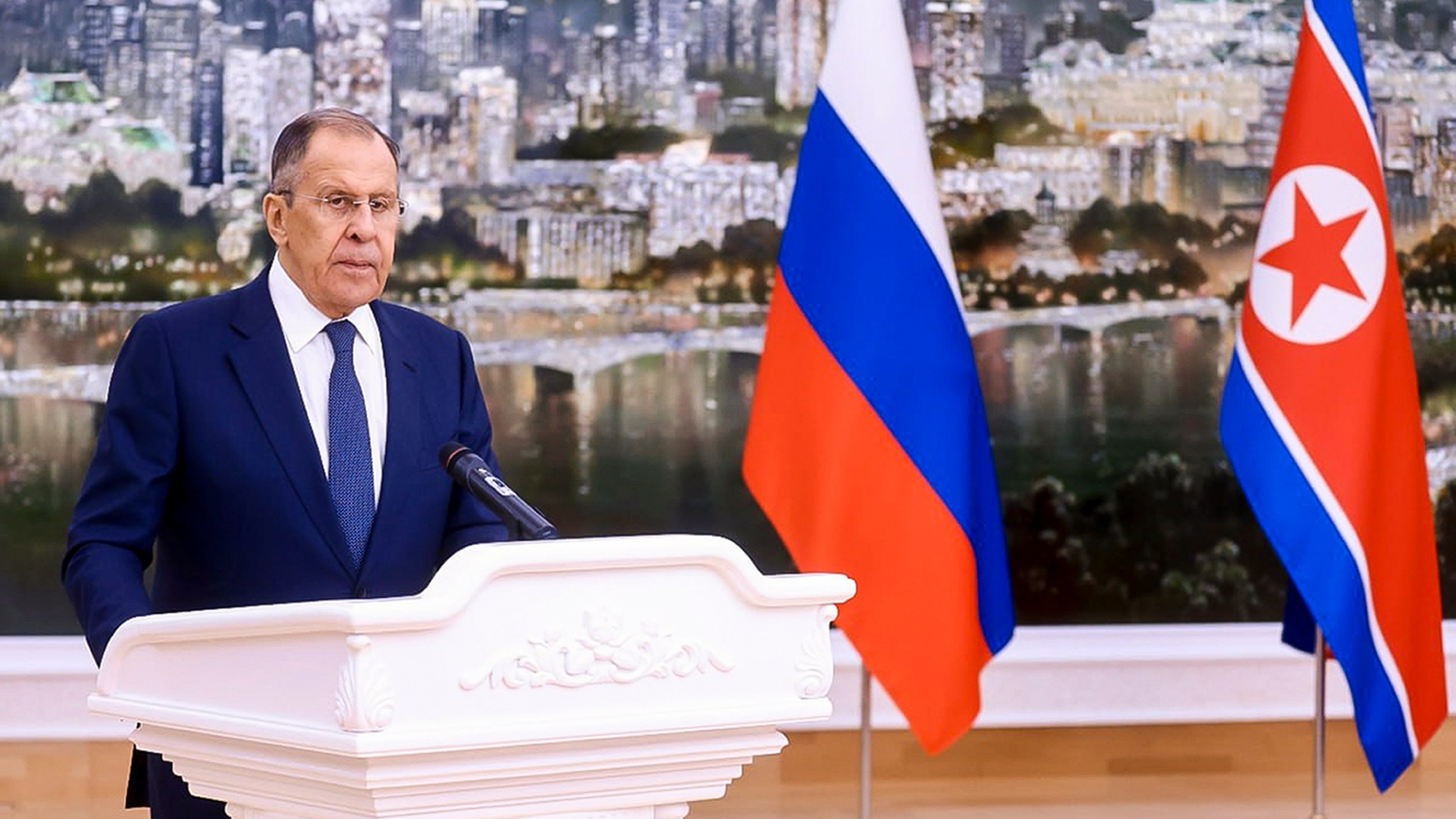 In this photo released by Russian Foreign Ministry Press Service via their telegram channel, Russian Foreign Minister Sergey Lavrov delivers his speech at a gala reception on behalf of the Government of the Democratic People's Republic of Korea in Pyongyang, North Korea, on Wednesday, Oct. 18, 2023. (Russian Foreign Ministry Press Service telegram channel via AP)