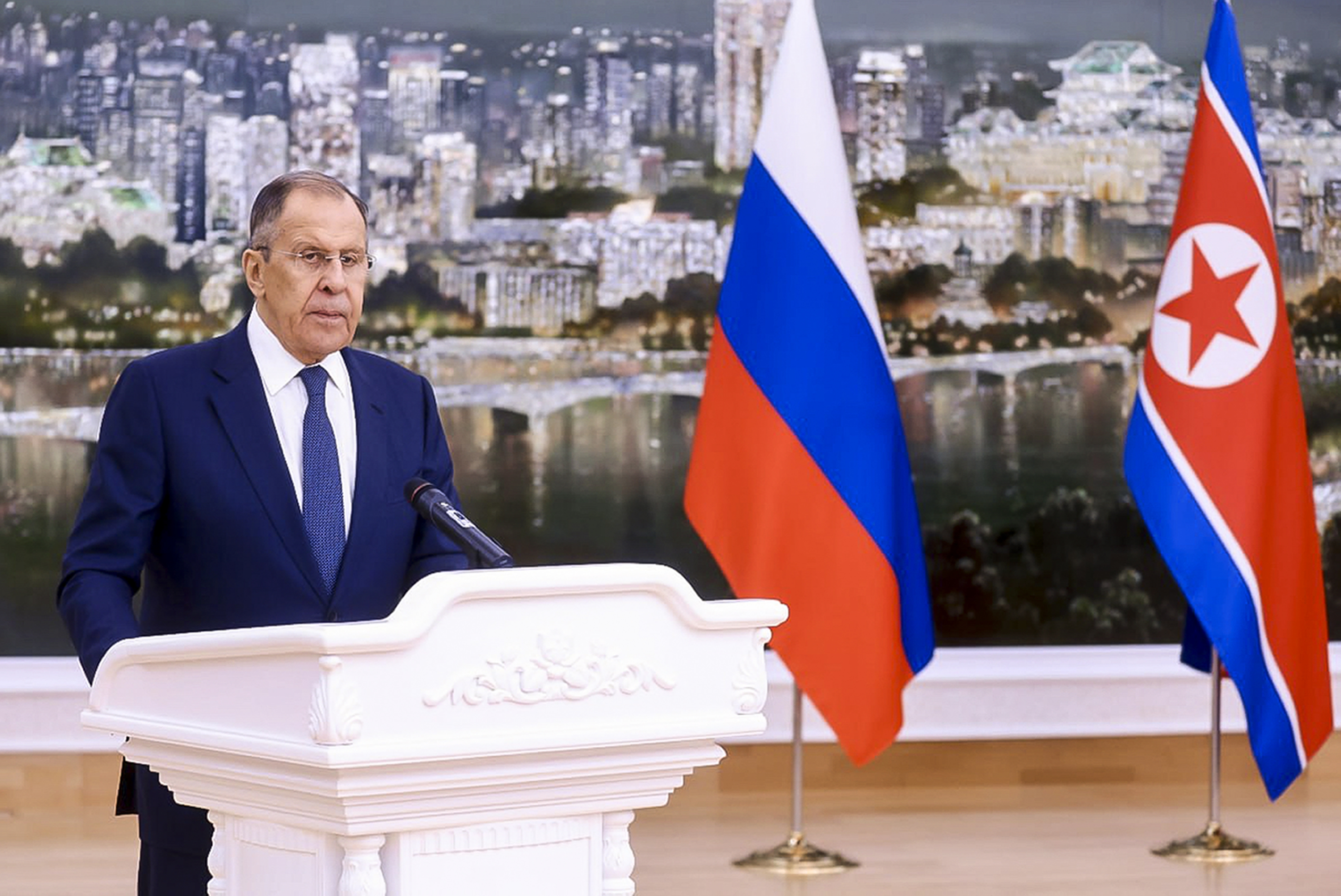 In this photo released by Russian Foreign Ministry Press Service via their telegram channel, Russian Foreign Minister Sergey Lavrov delivers his speech at a gala reception on behalf of the Government of the Democratic People's Republic of Korea in Pyongyang, North Korea, on Wednesday, Oct. 18, 2023. (Russian Foreign Ministry Press Service telegram channel via AP)