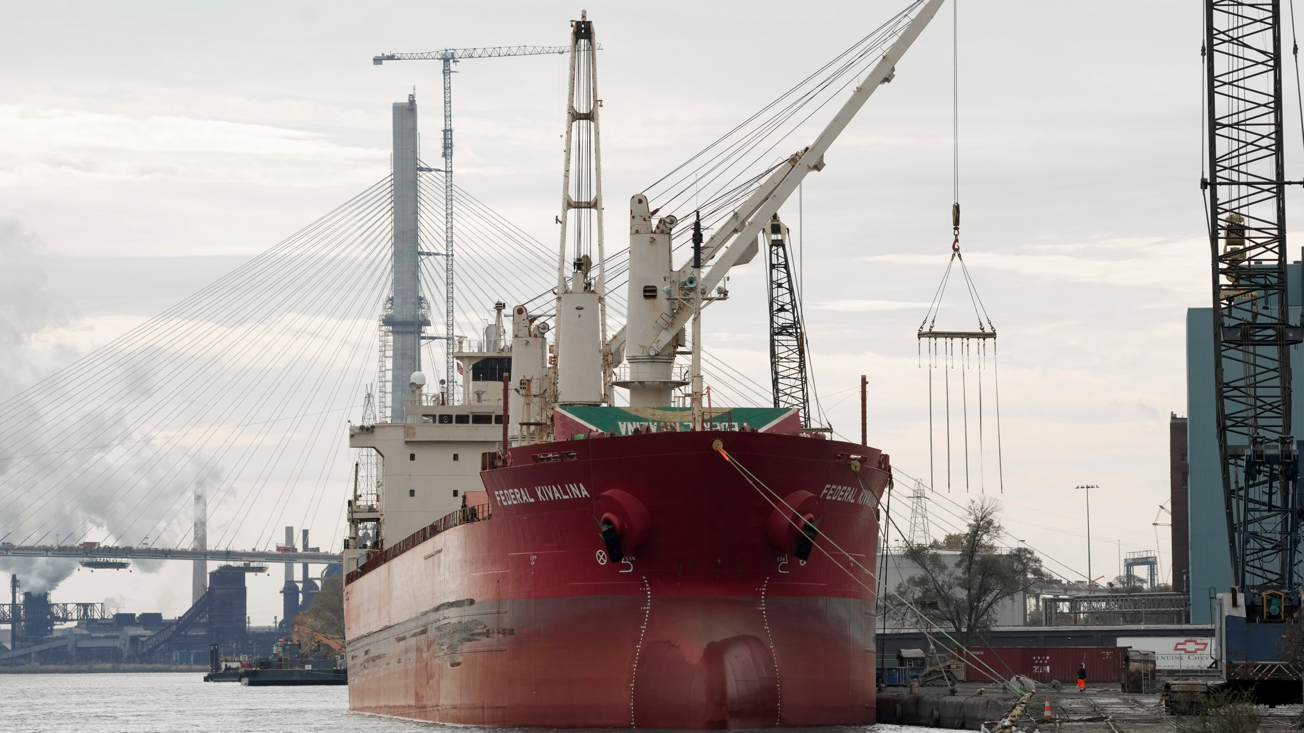 The Federal Kivalina is docked in Detroit, Wednesday, Oct. 25, 2023. A strike has shut down all shipping on the St. Lawrence Seaway, interrupting exports of grain and other goods from Canada and the United States via the Great Lakes to the rest of a hungry world as well as cargoes needed by American and Canadian industries. (AP Photo/Paul Sancya)