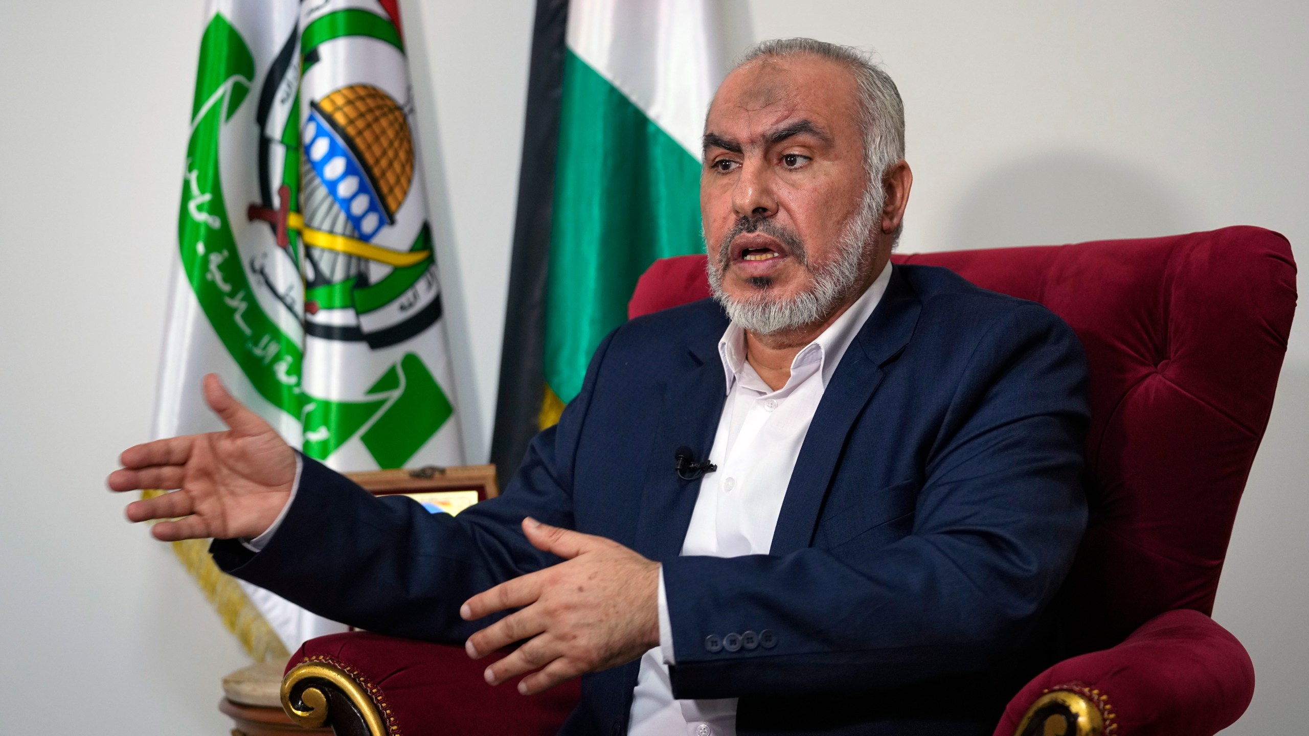 Ghazi Hamad, a member of Hamas' decision-making political bureau, speaks during an interview with The Associated Press in Beirut, Lebanon, Thursday, Oct. 26, 2023. Hamad said that the Palestinian militant group had expected stronger intervention from Hezbollah in its war with Israel, in a rare public appeal to its allies in the region. (AP Photo/Bilal Hussein)