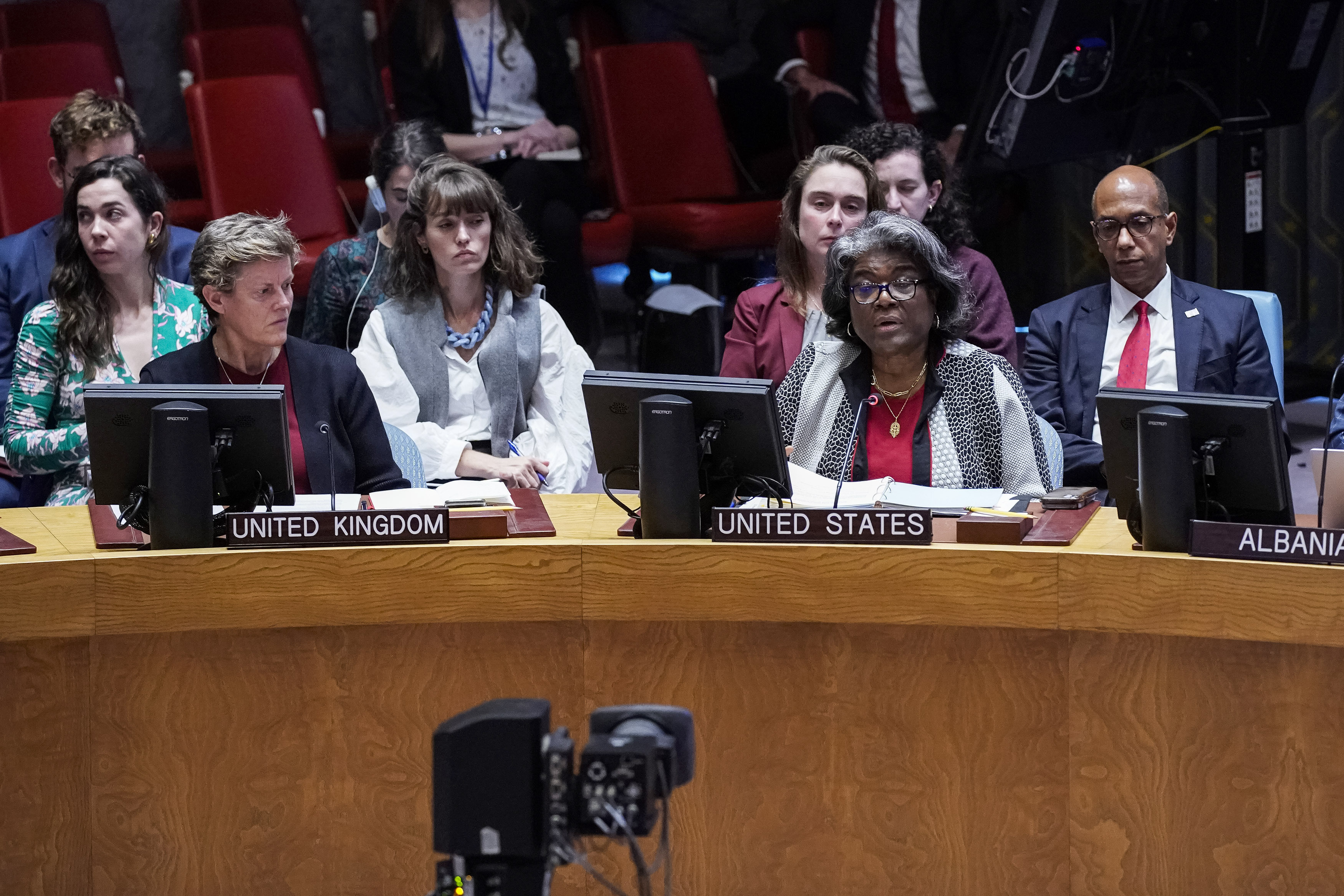 Linda Thomas-Greenfield, United States Ambassador to the United Nations, front row right, addresses members of the U.N. Security Council at United Nations headquarters. Monday, Oct. 30, 2023. (AP Photo/Eduardo Munoz Alvarez)