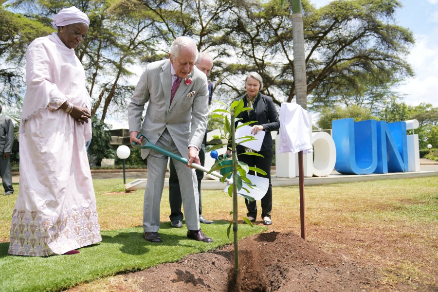 Britain's King Charles III, centre. plants a tree, with Under-Secretary-General of the United Nations, Zainab Hawa Bangura, at left during a visit to the United Nations Office, in Nairobi, Kenya Wednesday, Nov. 1, 2023. (AP Photo/Brian Inganga, Pool)