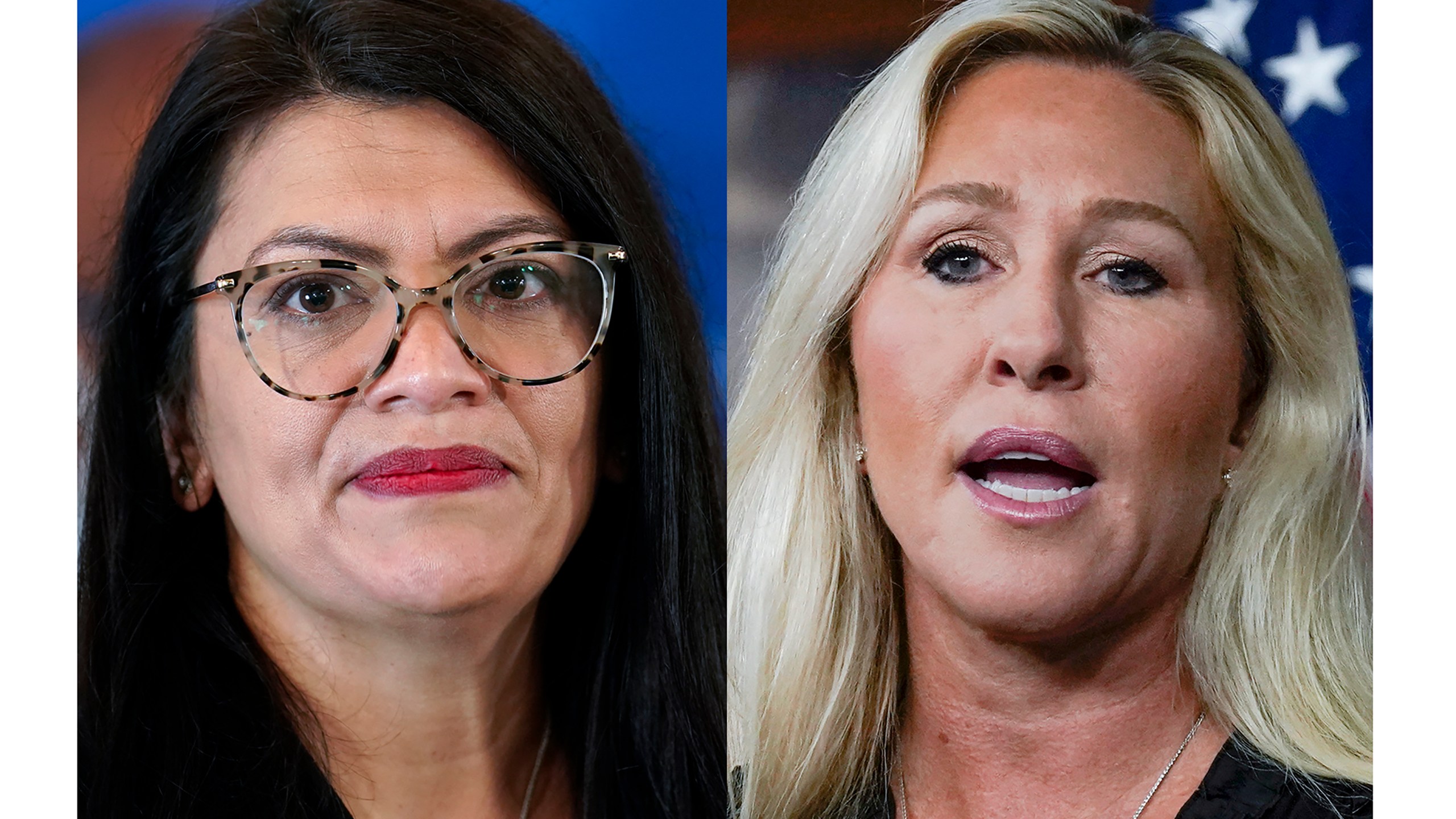 This combo image shows Rep. Rashida Tlaib, D-Mich., Feb. 18, 2022, left, and Rep. Marjorie Taylor Greene, R-Ga., May 18, 2023, right. The House is expected to consider resolutions that would censure Tlaib and Greene in a partisan tit-for-tat over inflammatory rhetoric. (AP Photo/File)